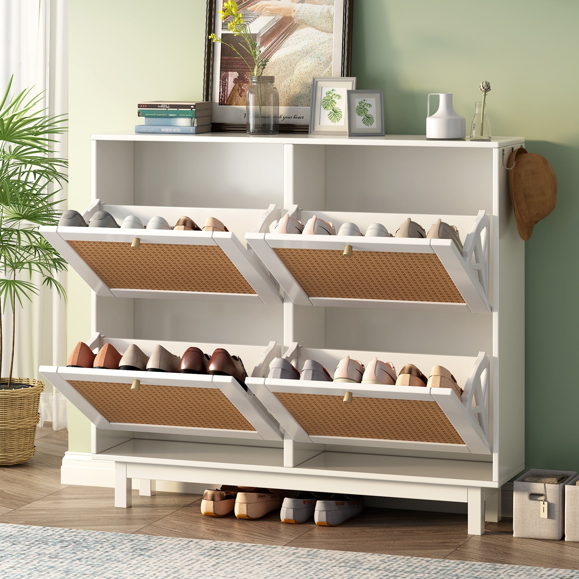 Rattan Storage Shoe Cabinet Organizer with 4 Flip Drawers - - 37388036 - Mycitystee