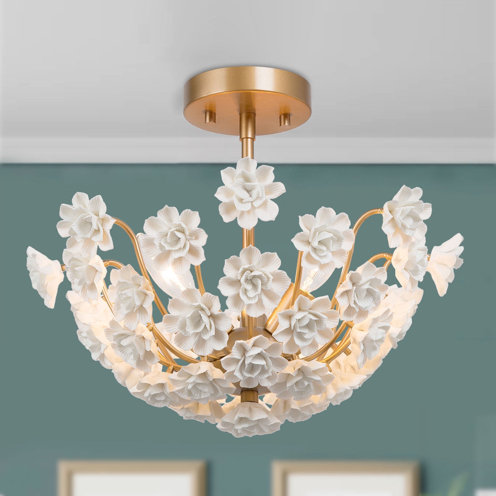 Modern Glam Gold 3-light Handcrafted Ceramic Semi-flush Mount Ceiling Lights - D15.5