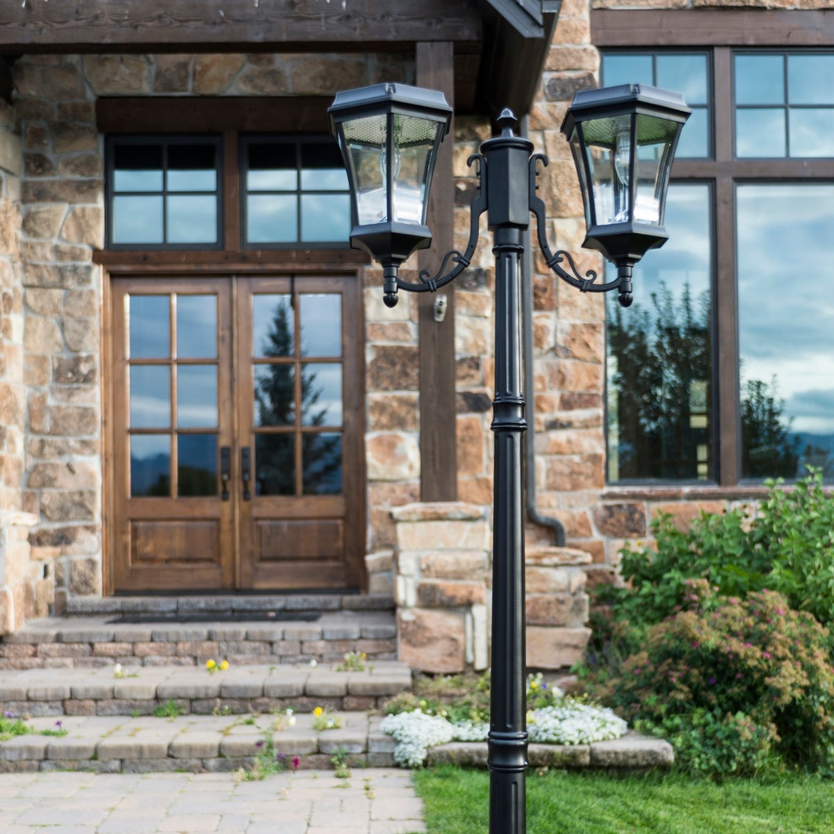 Victorian Bulb Double Headed Solar Lamp Post - Black Finish - Mycitystee