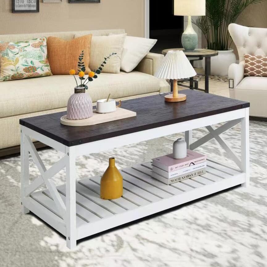 Sophia Farmhouse Coffee Table with Slatted Shelf and Corner Protection， 40 Inch， Vintage White/Espresso - as picture - Mycitystee