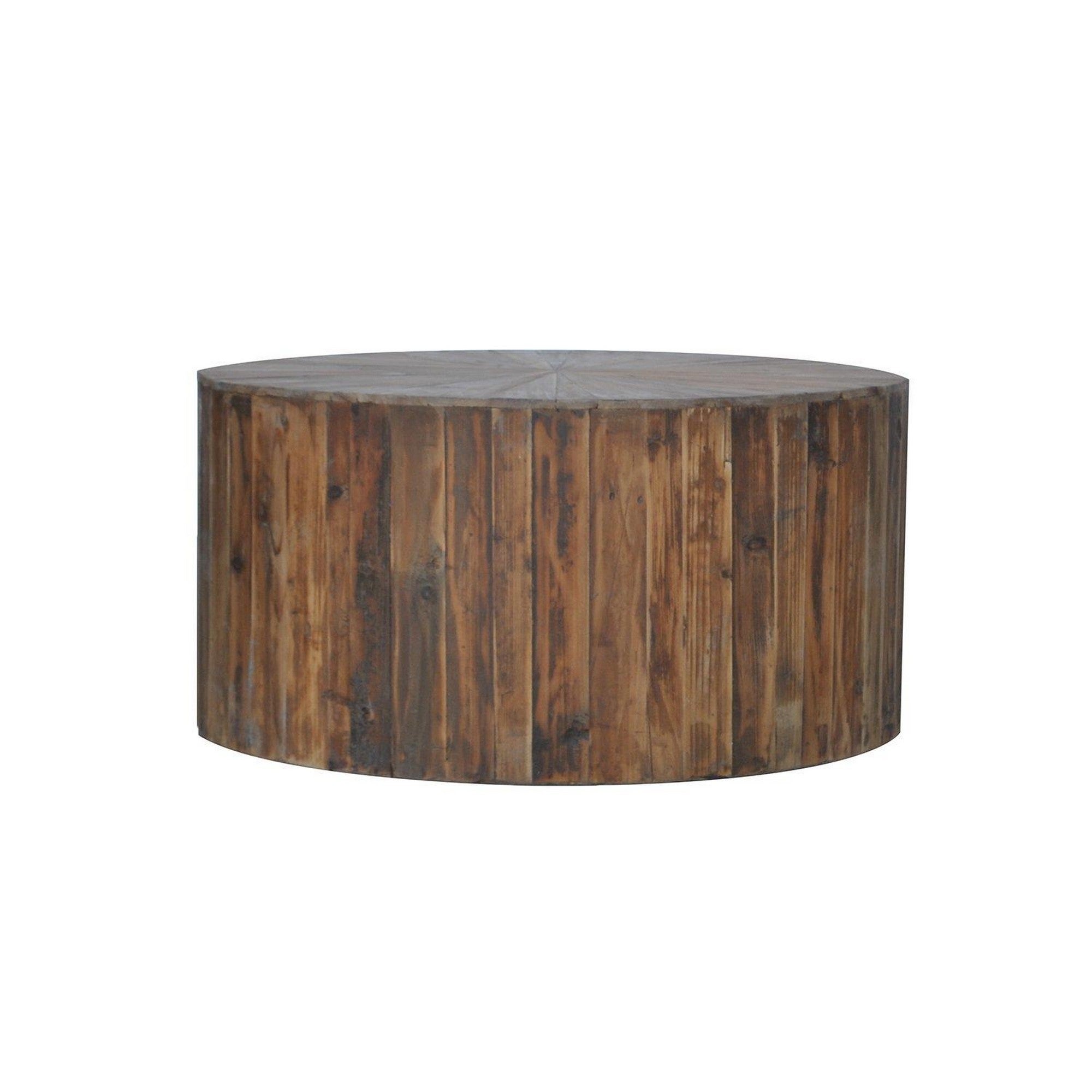 36 Inch Round Drum Coffee Table， Classic Plank Design， Rustic Brown Wood - Mycitystee
