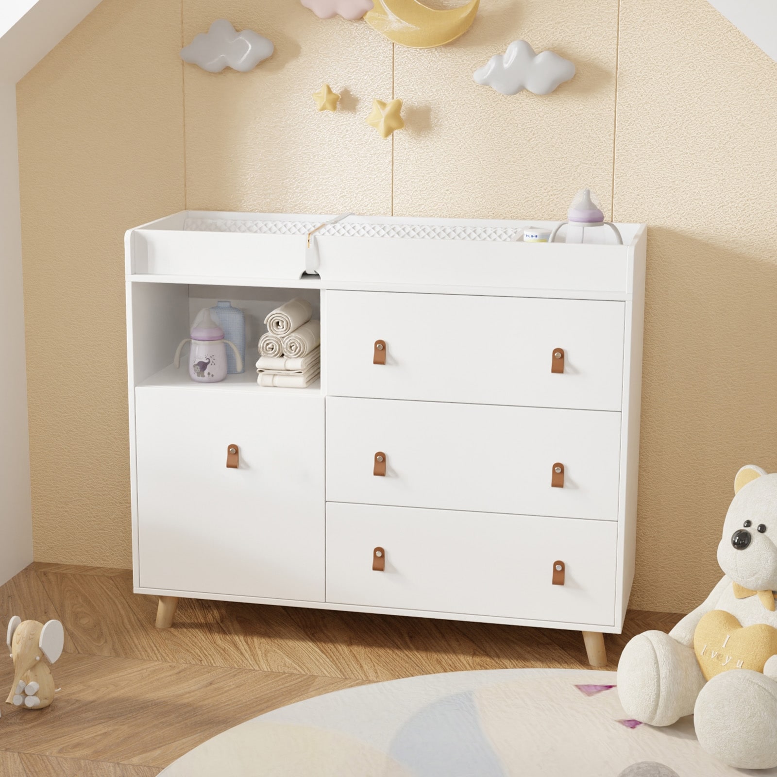 Baby Changing Table Dresser with 4 Drawers，Shelf Hidden Trash Storage - - 37932969 - Mycitystee