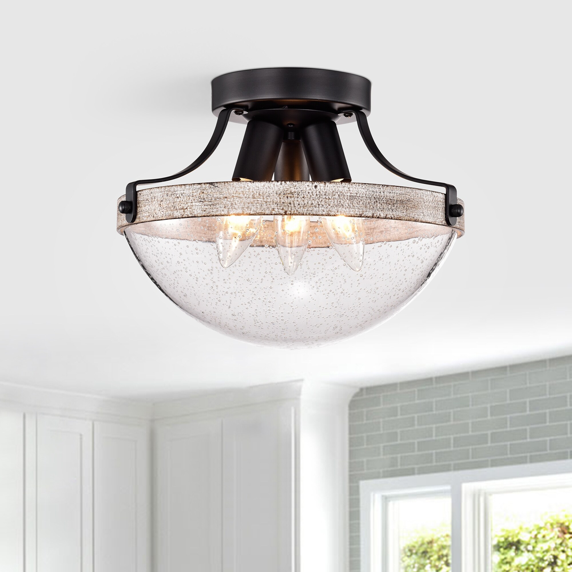 Aimie Matte Black+Wood Grain 3-Light Metal and Glass Bowl Shade Semi-Flush Mount - Mycitystee