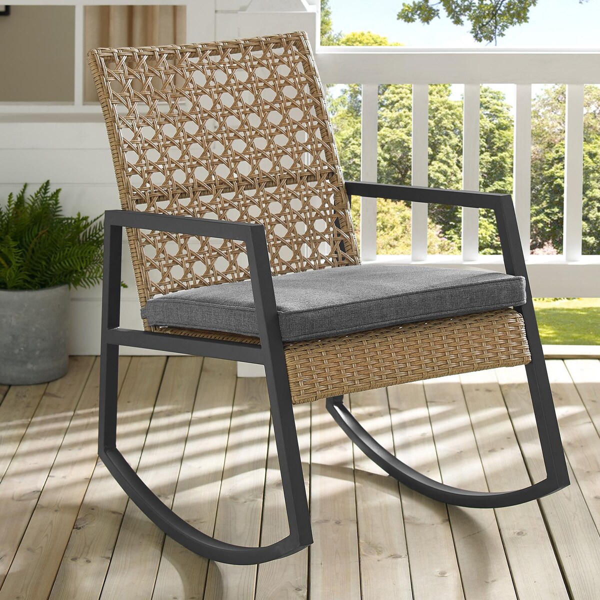 Ultimate Patio Pointebell Rattan and Steel Patio Rocking Chair W/ Gray Cushion - Mycitystee