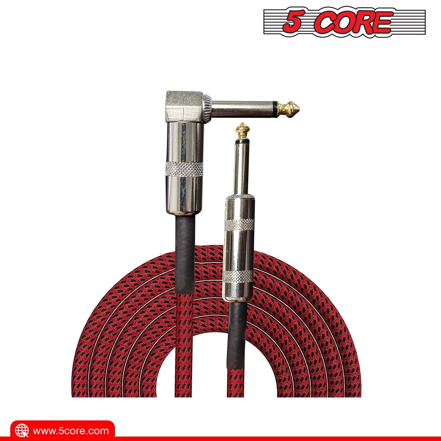 5 Core Guitar Cable 10ft Red| Electric Instrument Bass AMP Cord |  1/4 Inch Instrument Braided Tweed Cable with Right Angle Jack On One End to Secure - Mycitystee