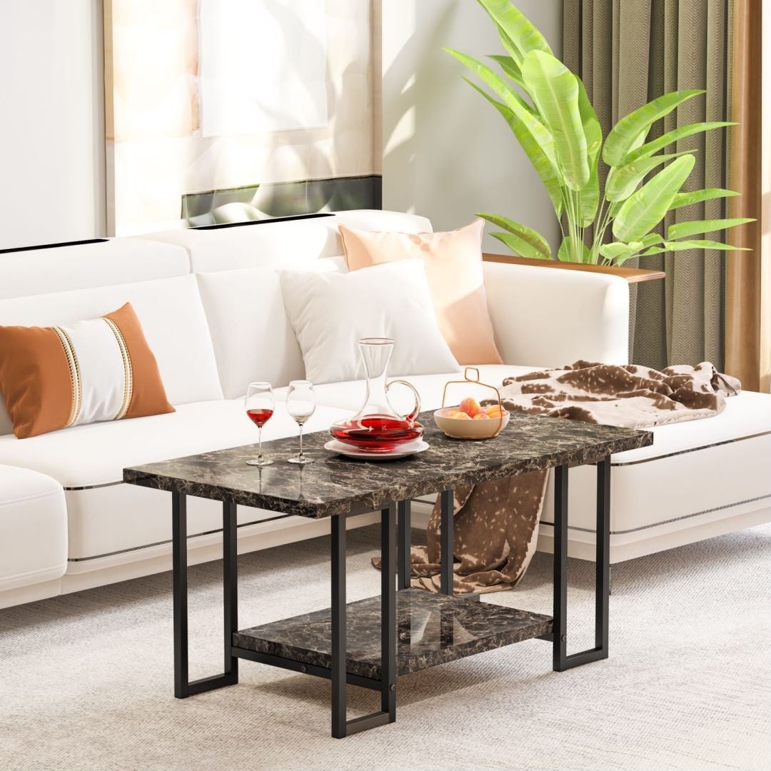 Mieres 39'' Wide 2-Tier Faux Marble Top Coffee Table with Steel Frame - Mycitystee