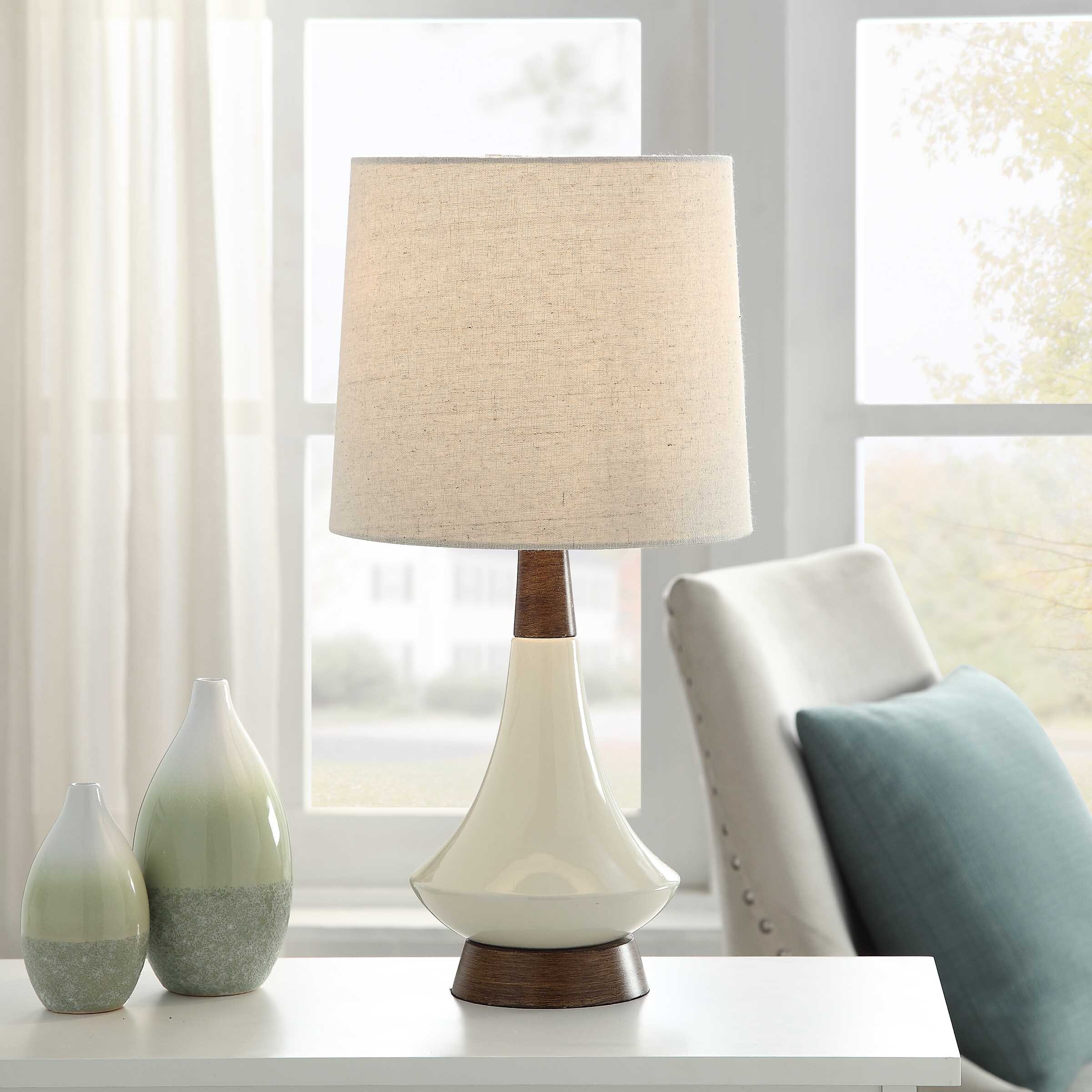 Poly Resin and Ceramic Table Lamp - Faux Wood， Cream Finish - White Hardback Styrene Shade - Mycitystee