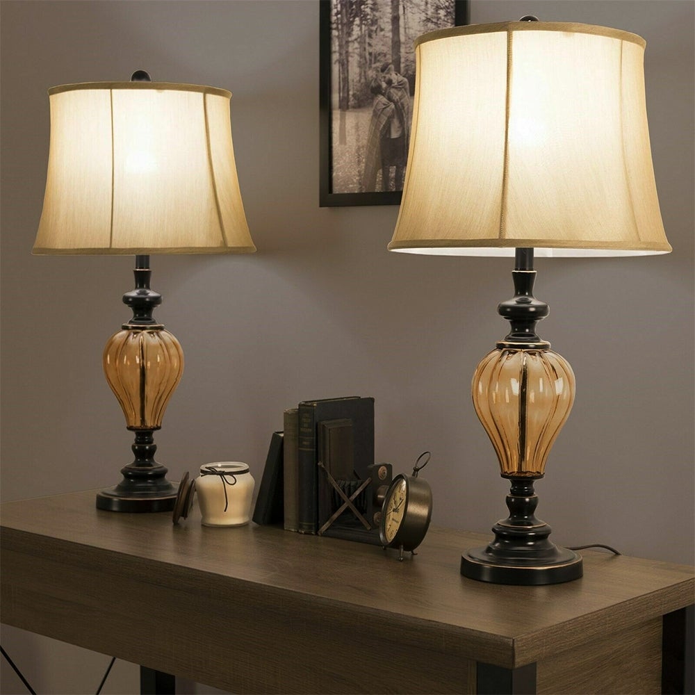 Set of 2 Amber Glass Table Lamp Set with Shades Led Bulbs - 15
