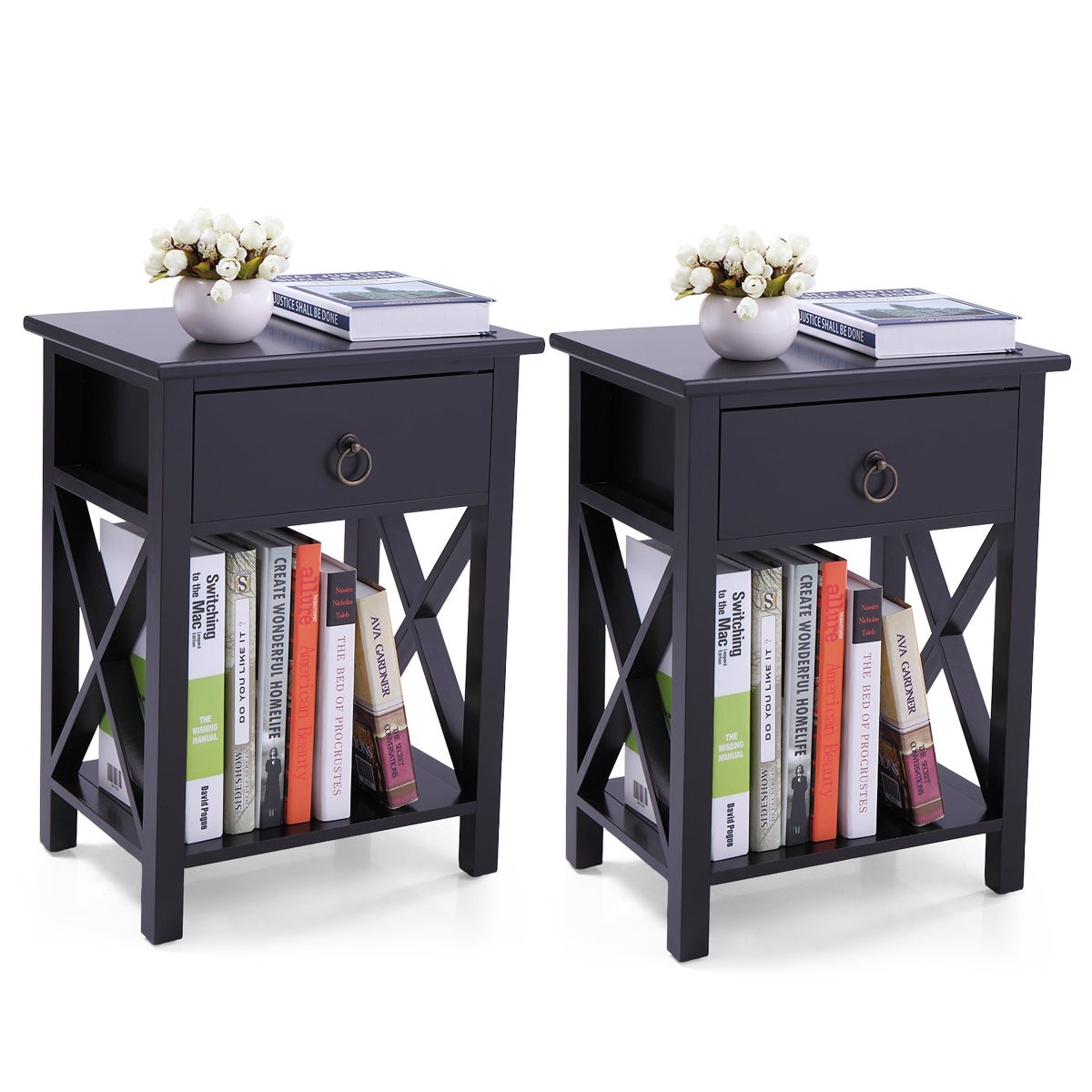 Set of 2 Wooden Nightstand， X-Shaped Sofa Side Table End Table with Drawer and Open Shelf， Bedroom Living Room Furniture， Black - Mycitystee