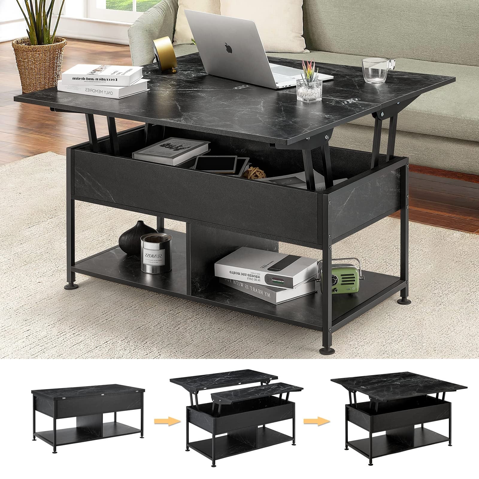 3 in 1 Lift Top Coffee Table， Large Coffee Table with Storage for Living Room， Marble Pattern Modern Lift Tabletop - as picture - Mycitystee