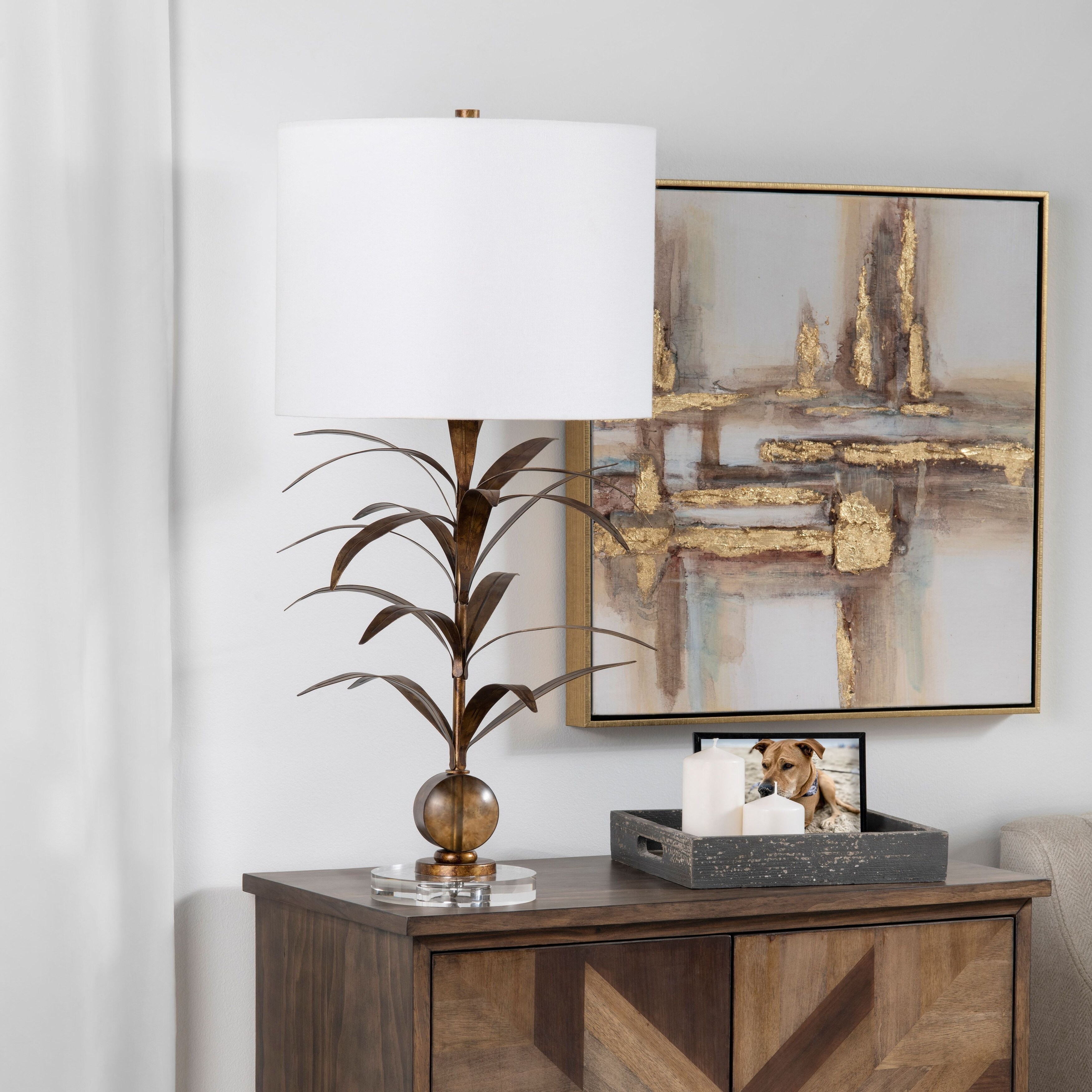 Mandalay 3-Way Palm Fronds Metal Table Lamp with White Linen Shade - Mycitystee