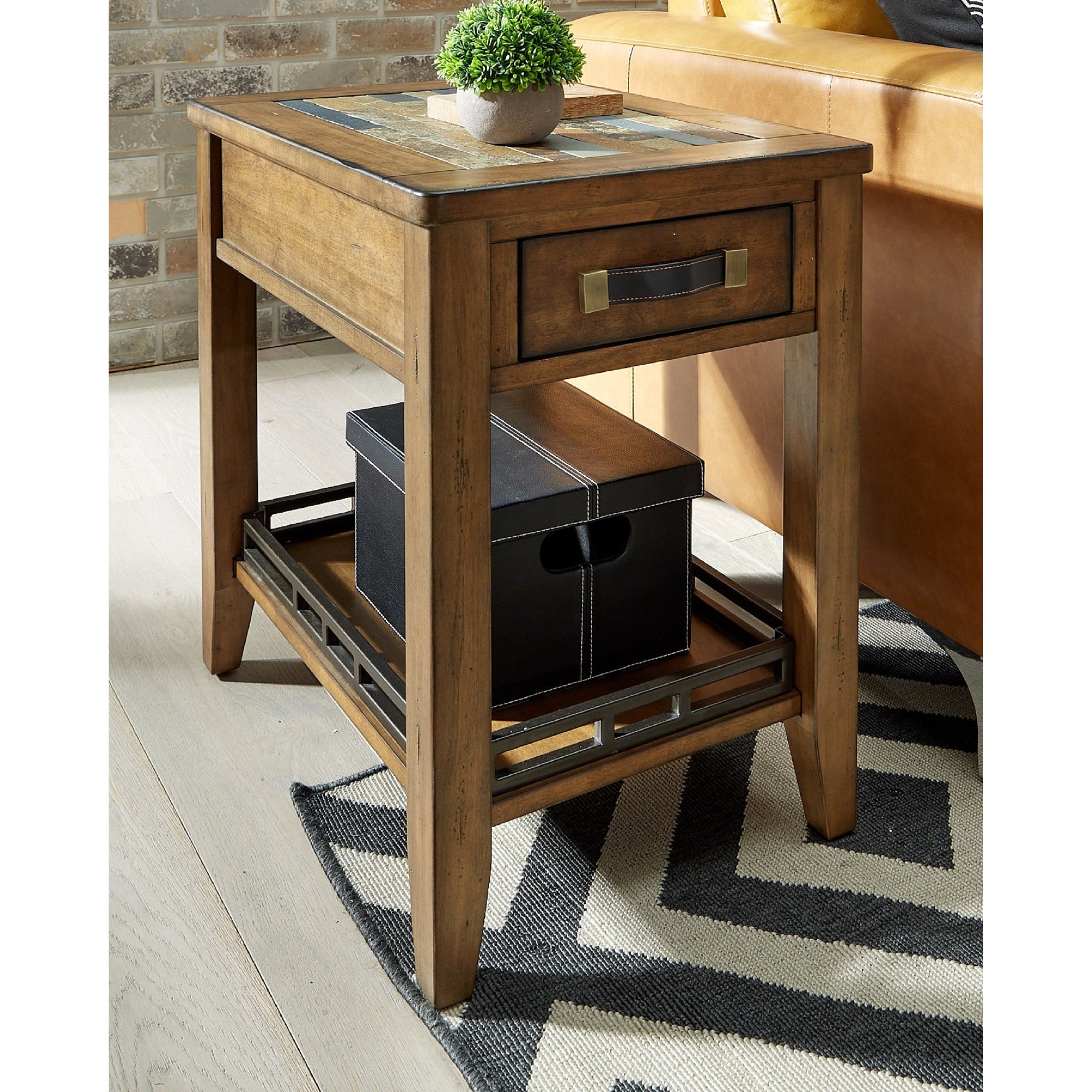 Toasted Almond Distressed Rectangular End Table with Tile Inset - Mycitystee