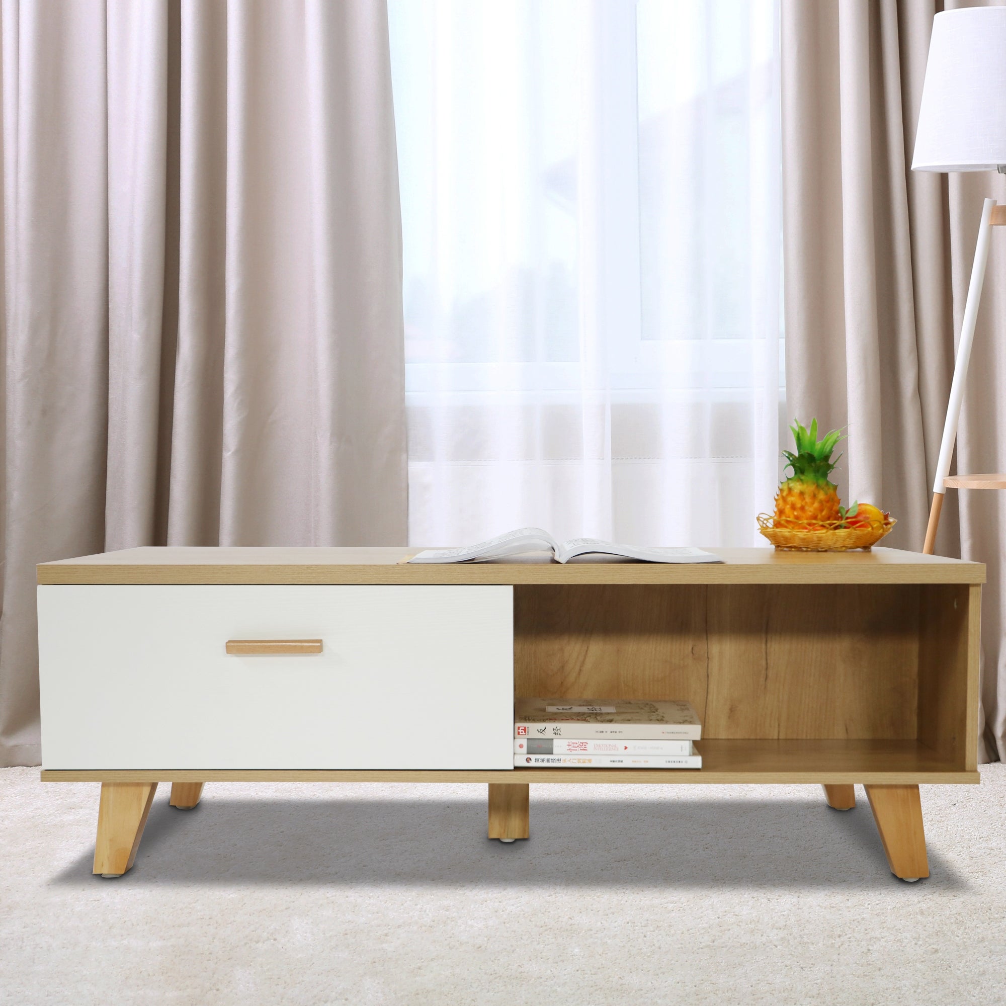 Coffee Table solid wood handles and legs with two drawers - Mycitystee