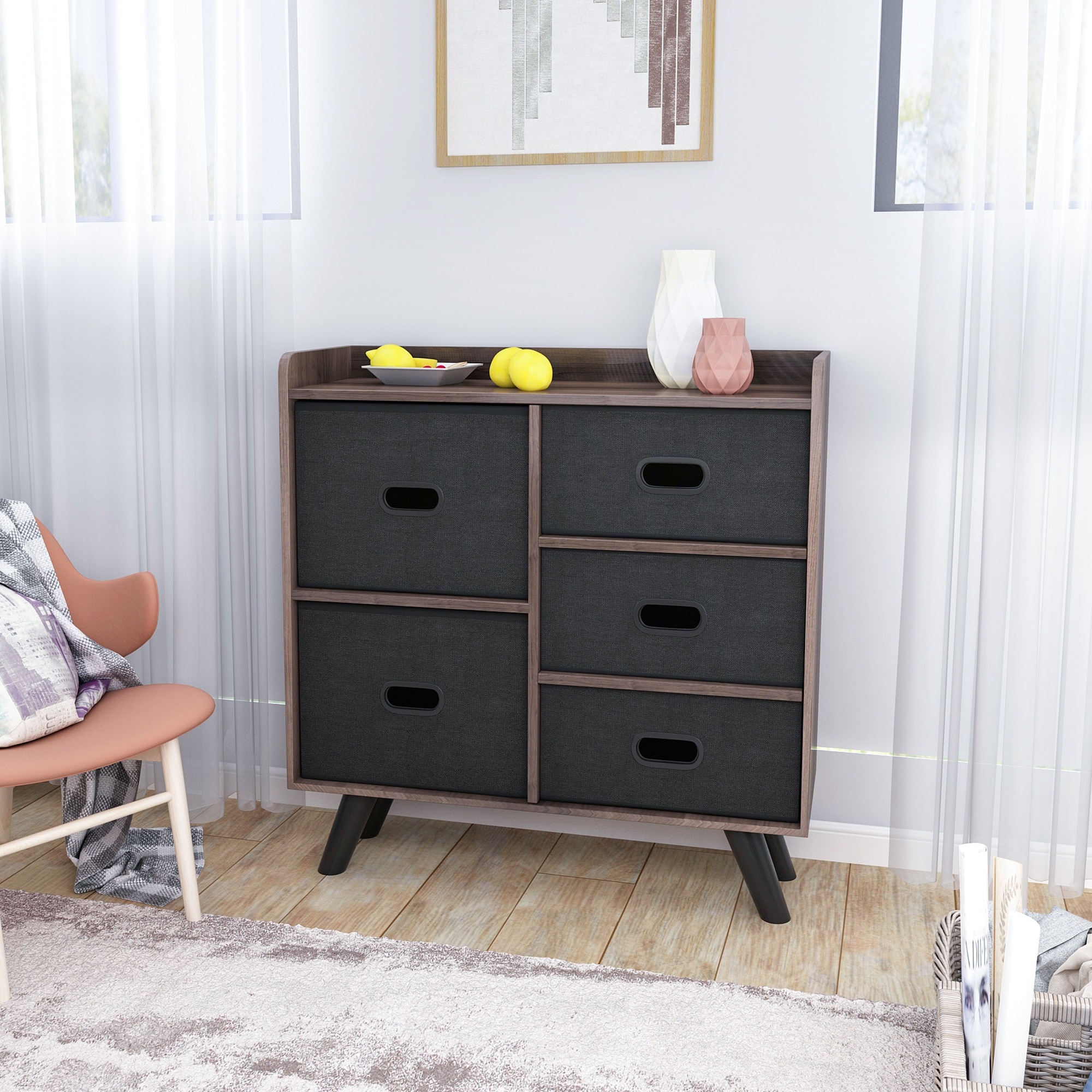 Dresser Organizer Cabinet With 5 Easy Pull Fabric Drawers， Sturdy Mdf Frame And Wood Top Closet Storage， - - 36176469 - Mycitystee