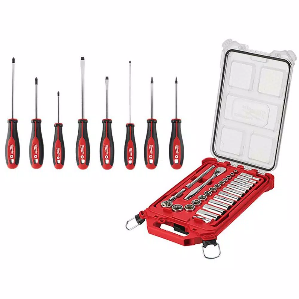 Milwaukee 3/8 in. Drive SAE Ratchet and Socket Mechanics Tool Set with Packout Case (28-Piece) and Screwdriver Set (8-Piece) and#8211; XDC Depot - Mycitystee