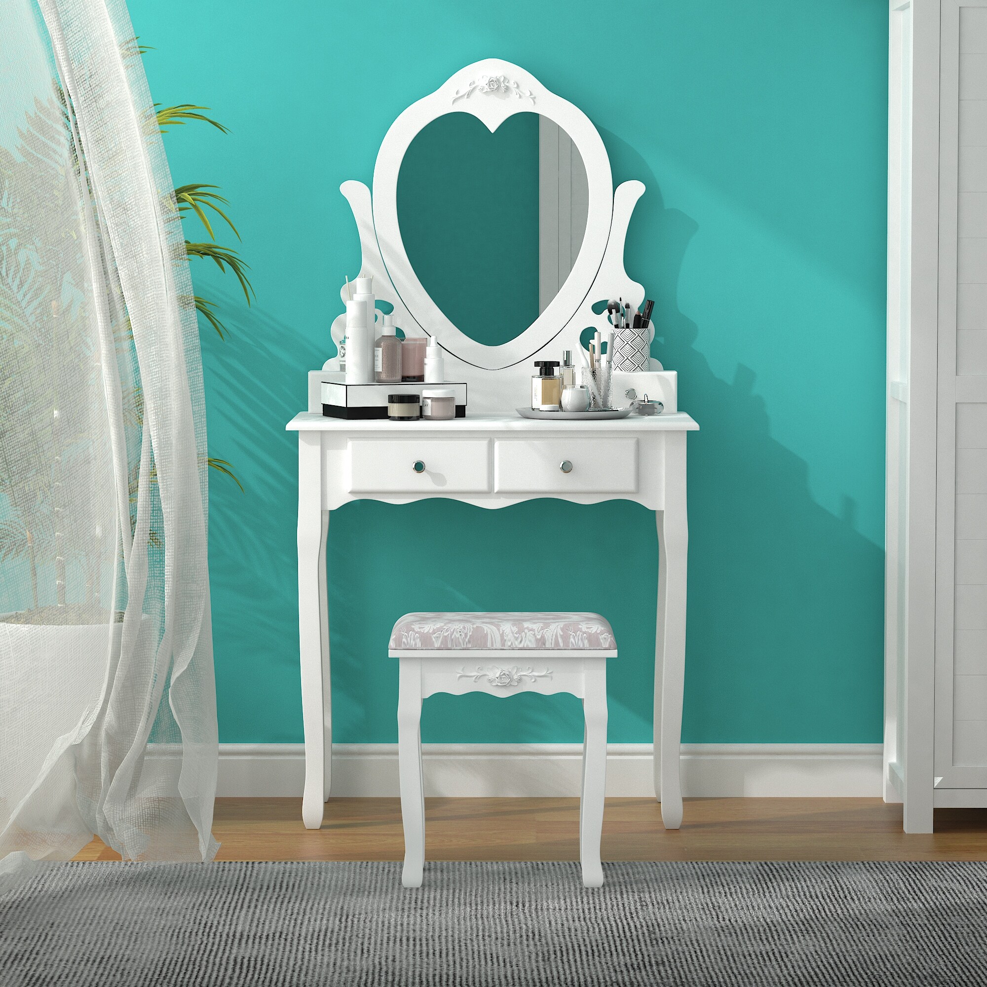 Vanity Table Set with Heart-Shaped Mirror and Cushioned Stool， Modern Makeup Dressing Table with 4 Drawers， White - - 35900081 - Mycitystee