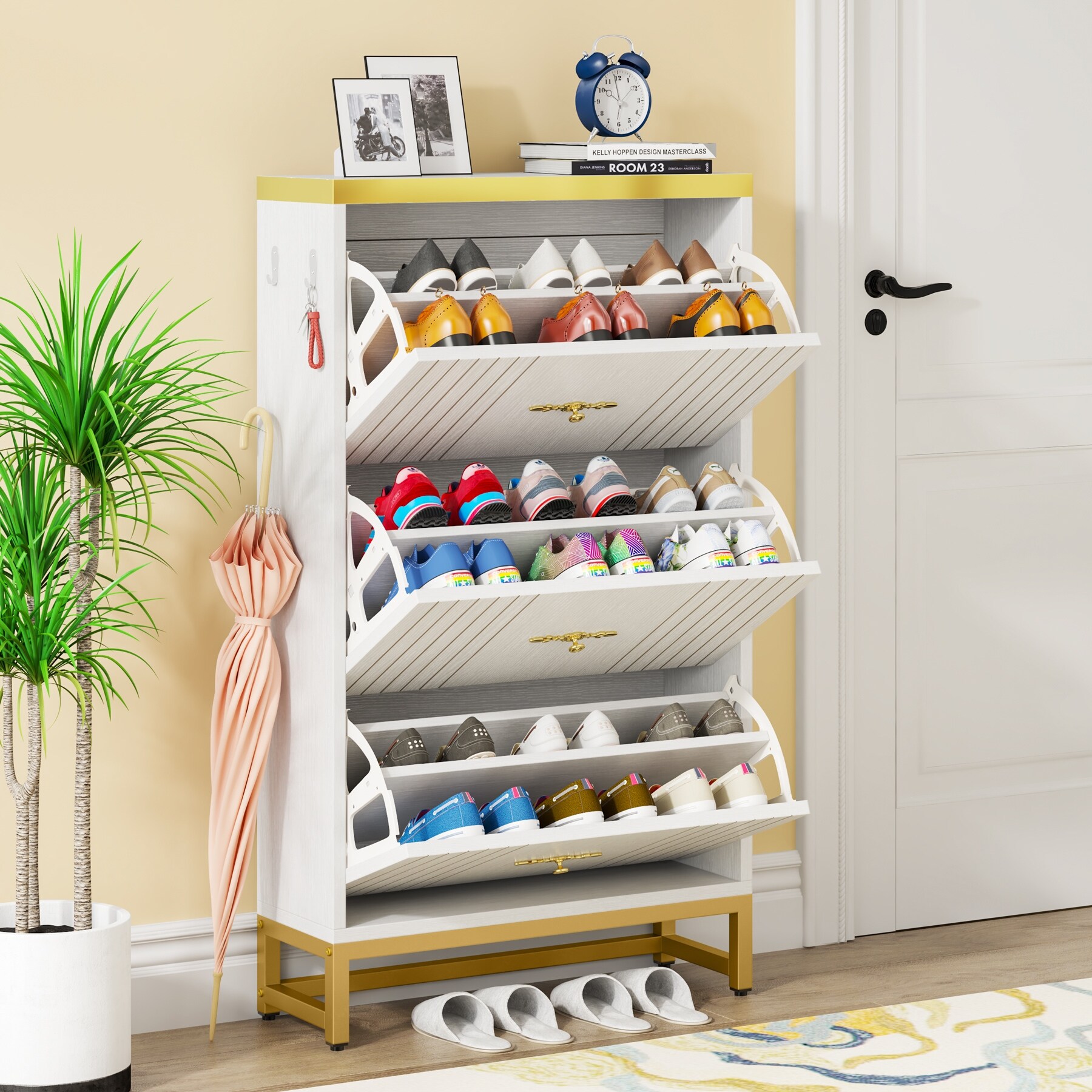 Shoe Cabinet with 3 Flip Drawers， Freestanding Tipping Bucket Shoe Storage Cabinet for Entryway - - 36527072 - Mycitystee