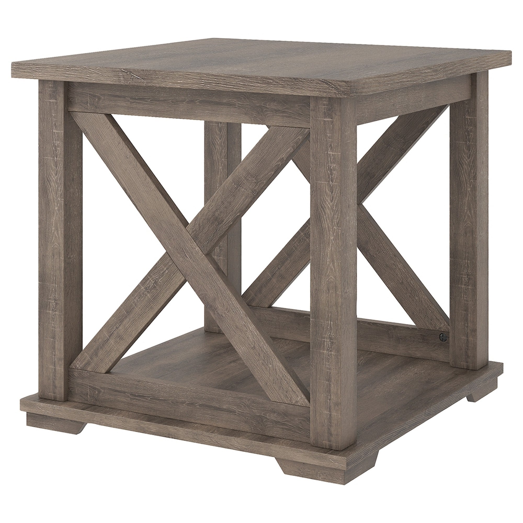 Wooden Square End Table with Bottom Shelf and Cross Design Sides， Brown - 22 H x 23 W x 23 L - Mycitystee