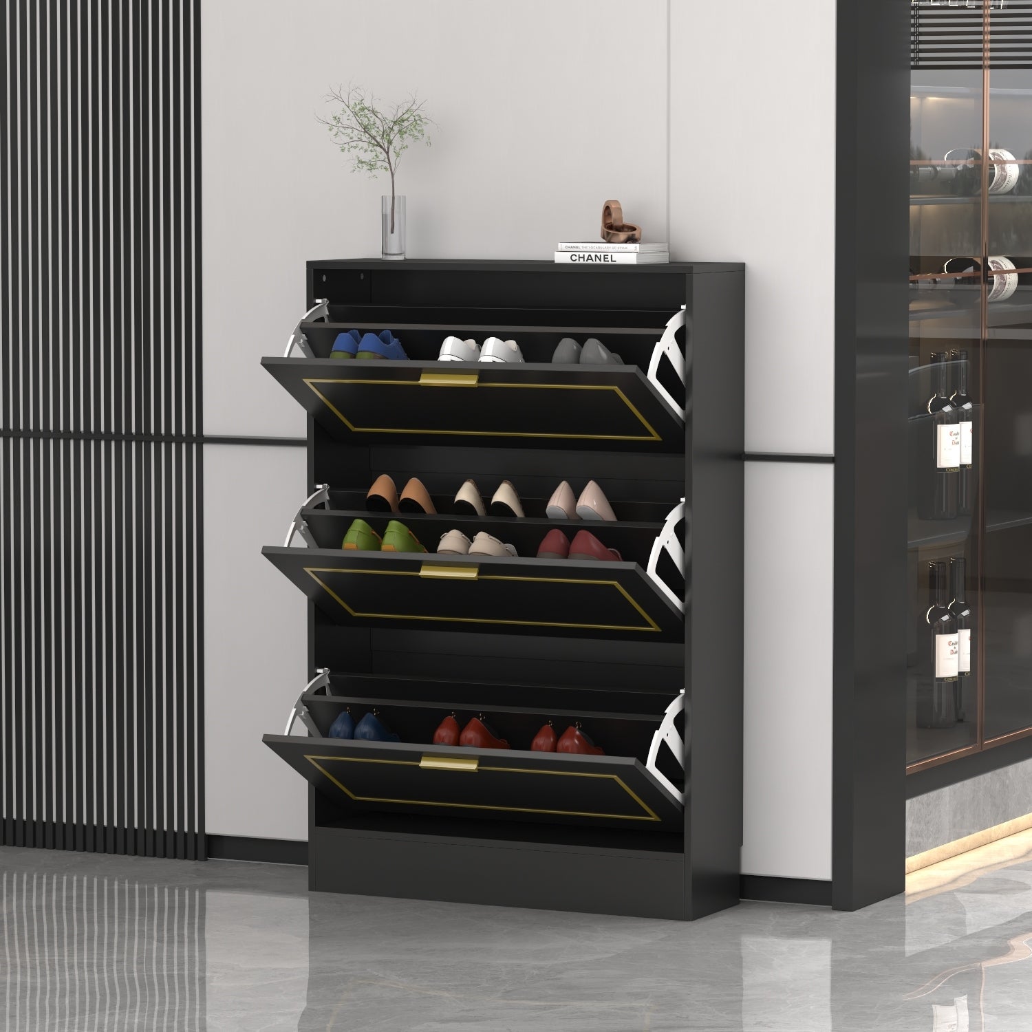 Premium 3 Drawes Shoe Cabinet Black/White Gold， for 15-18 Pairs - - 35523715 - Mycitystee