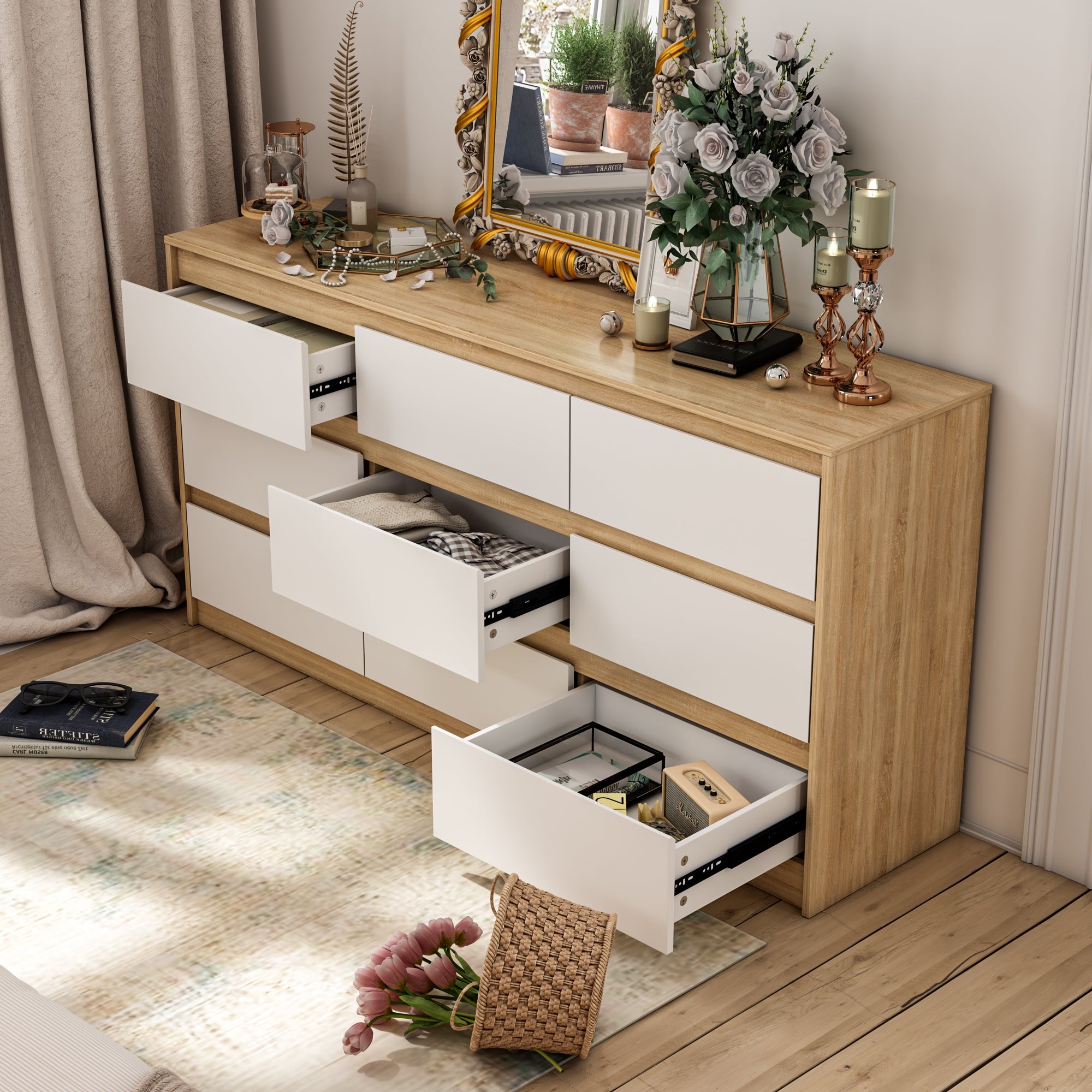 Timechee Grooved Handle Wood Dresser Bedroom Storage Drawer Organizer - - 36368941 - Mycitystee