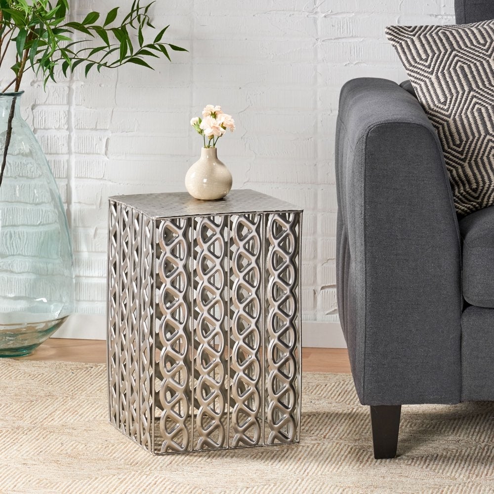 Analei Modern Handcrafted Square Iron Accent Table， Nickel Antique - Mycitystee