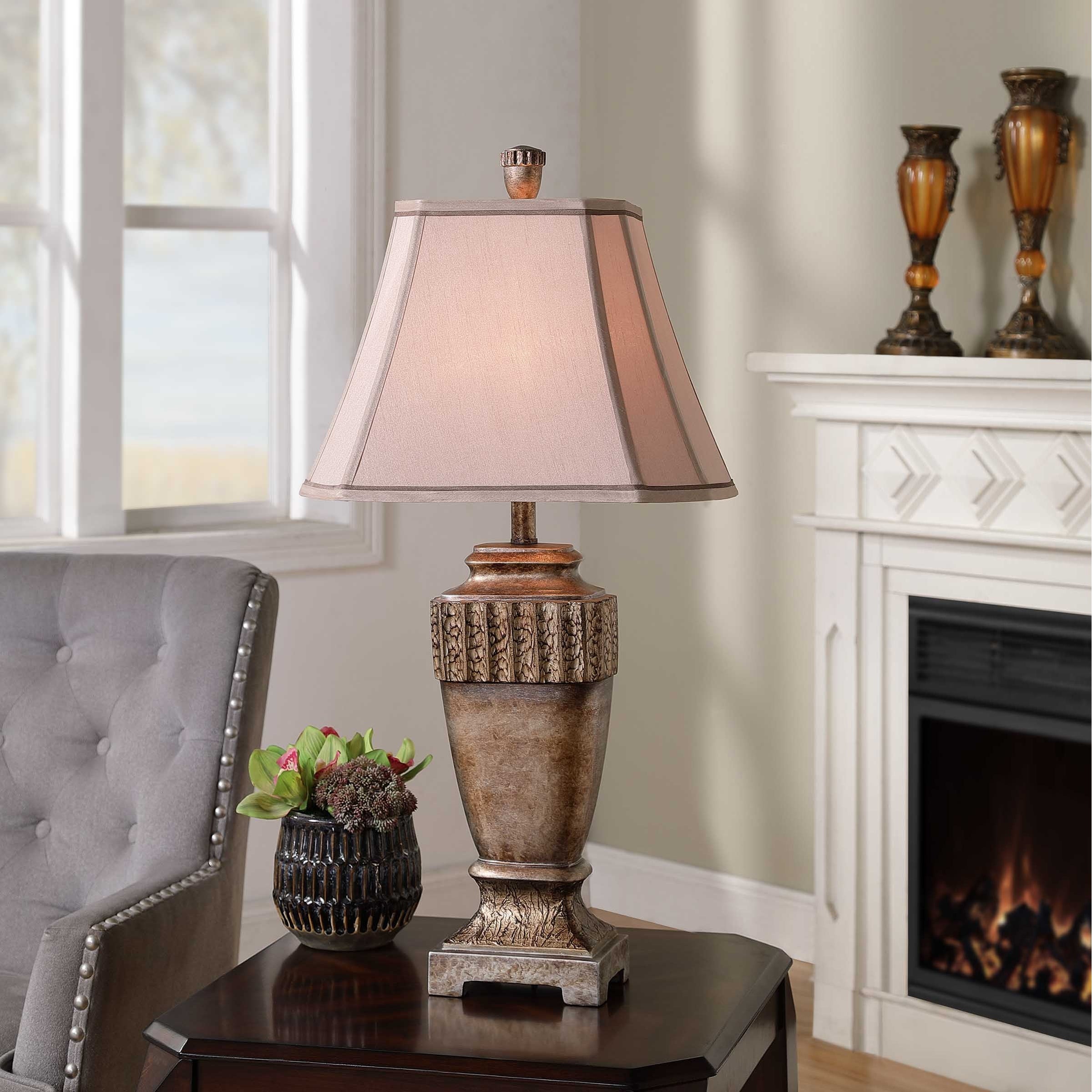 StyleCraft Conway Brown Glaze With Silver Leaf Table Lamp - Beige Fabric Shade - Mycitystee
