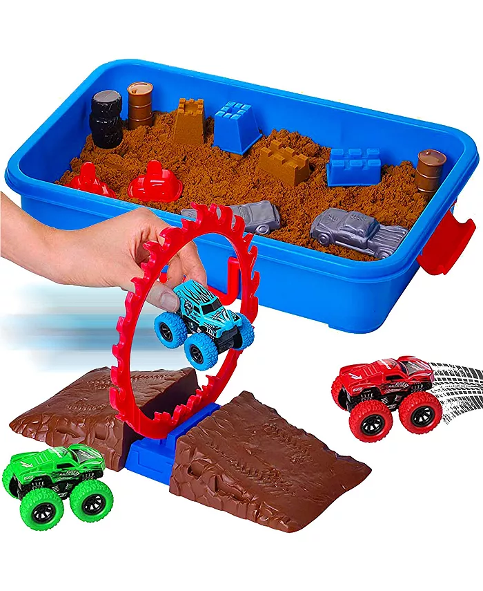 Dazmers Monster Truck Sand Play Set Sensory Kit， Creativity for Kids Sensory Bins with Lid， 2 Lbs of Sand， Jumps， Crushed Cars Trucks， Indoor Sensory - Mycitystee
