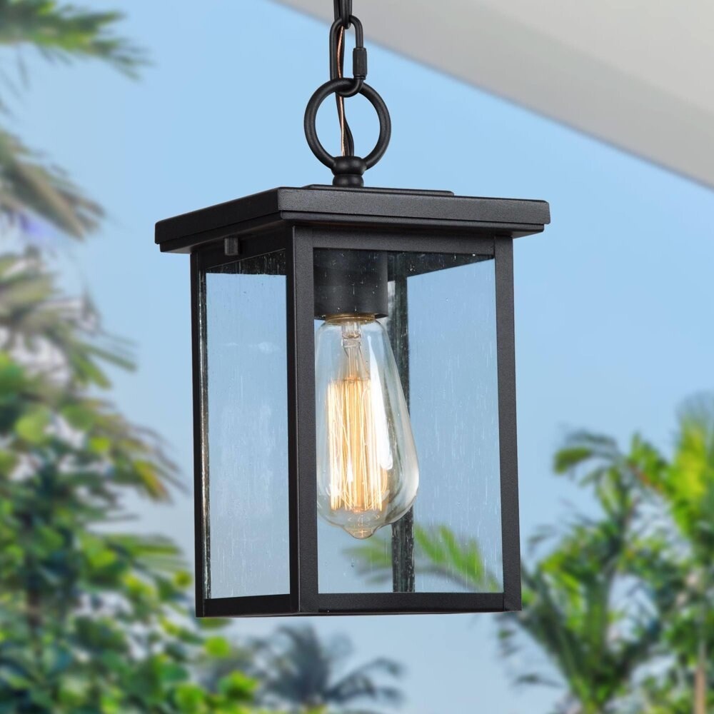 1-Light Matte Black and Seeded Glass Modern/Contemporary Seeded Glass Square LED Mini /Outdoor Pendant Light - as picture - Mycitystee