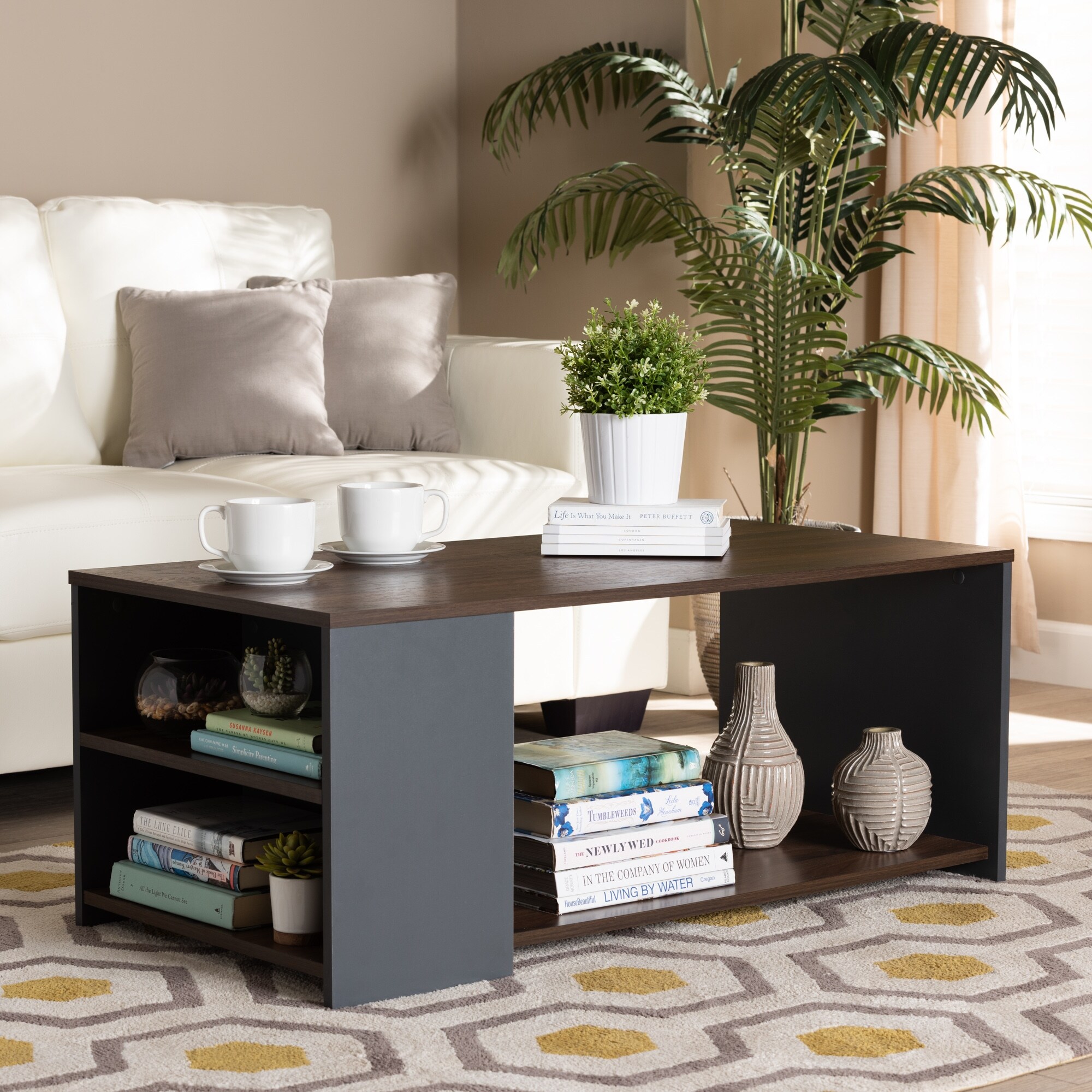 Thornton Two-Tone Walnut Brown and Grey Wood Storage Coffee Table - Mycitystee