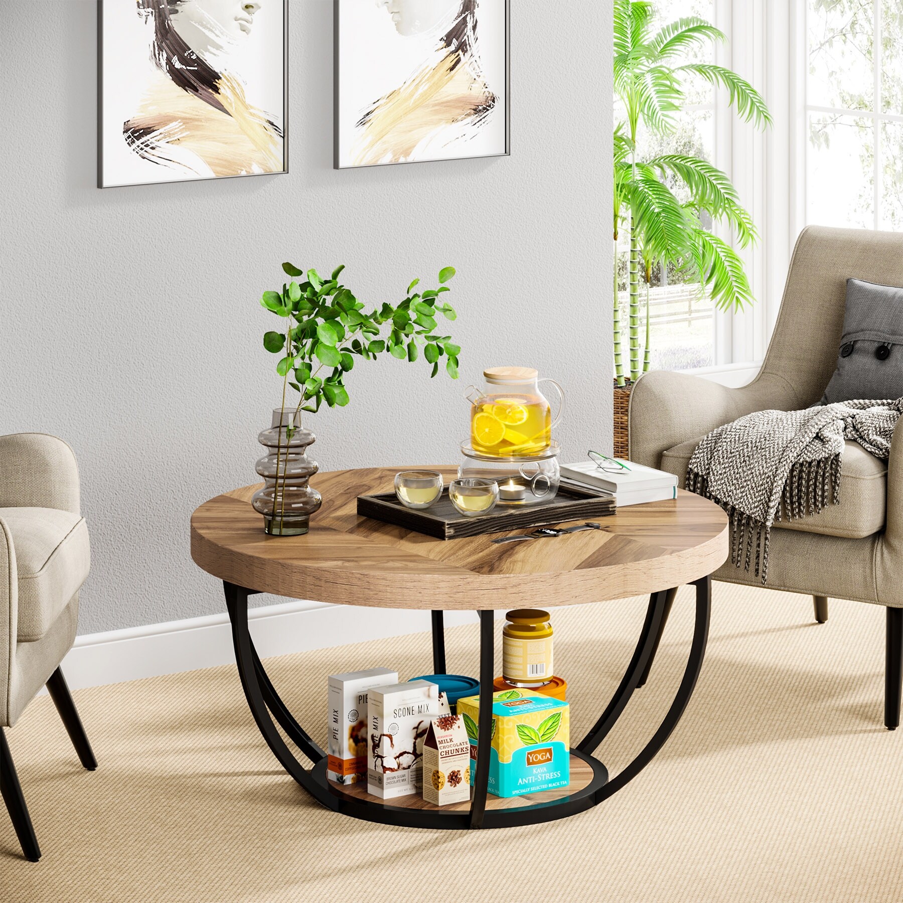 Round Coffee Table， Modern 2-Tier Center Table - Wood - Mycitystee