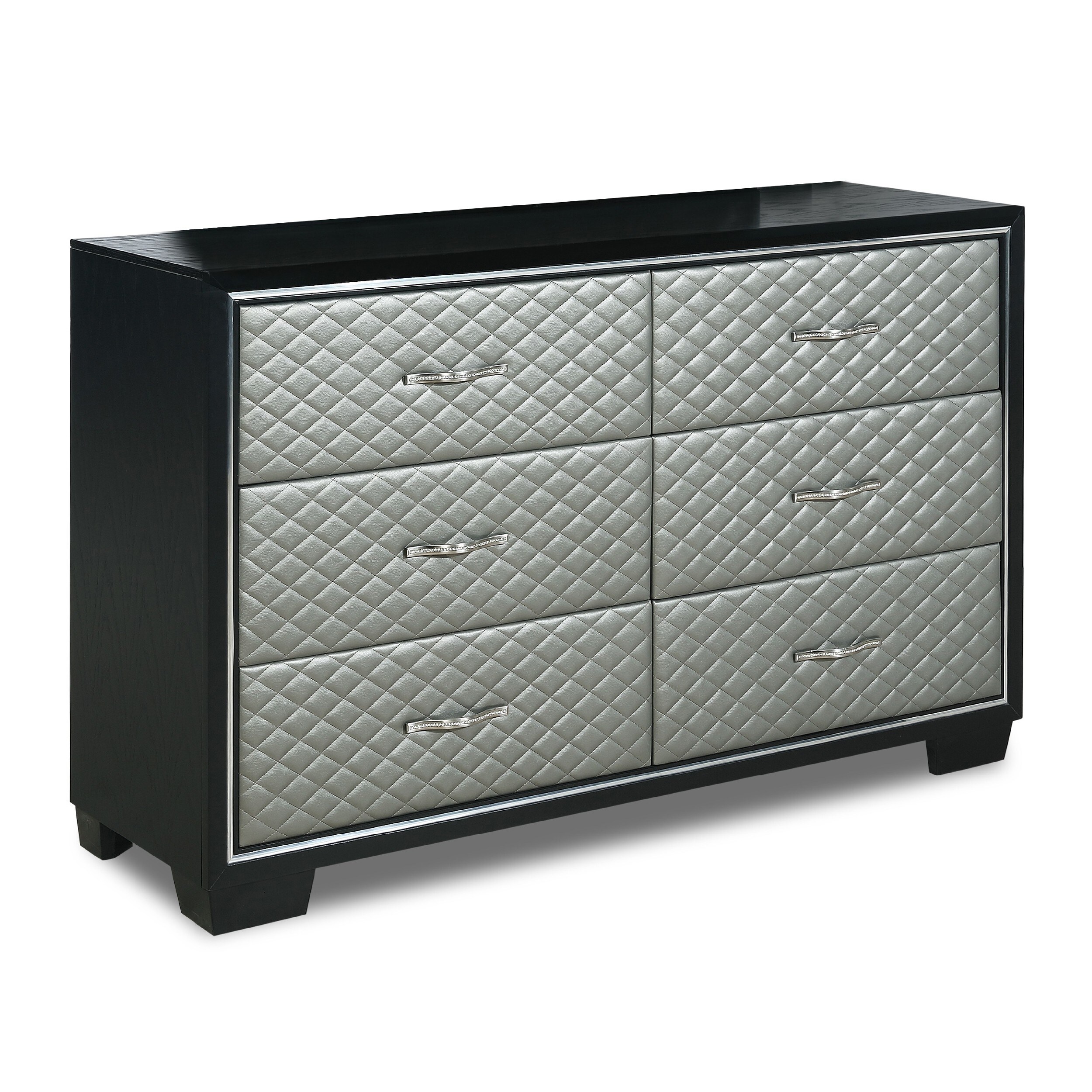 Dresser with 6 Drawers and Upholstery， Black and Silver - - 35542279 - Mycitystee