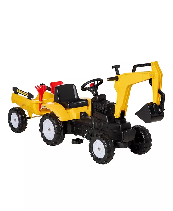 Aosom Digger Ride-on Truck Kids Car with Horn， Excavator Ride-on Toy， Imaginative Toy Construction Car， 6 Wheels Detachable Trailer， Yellow - Mycitystee