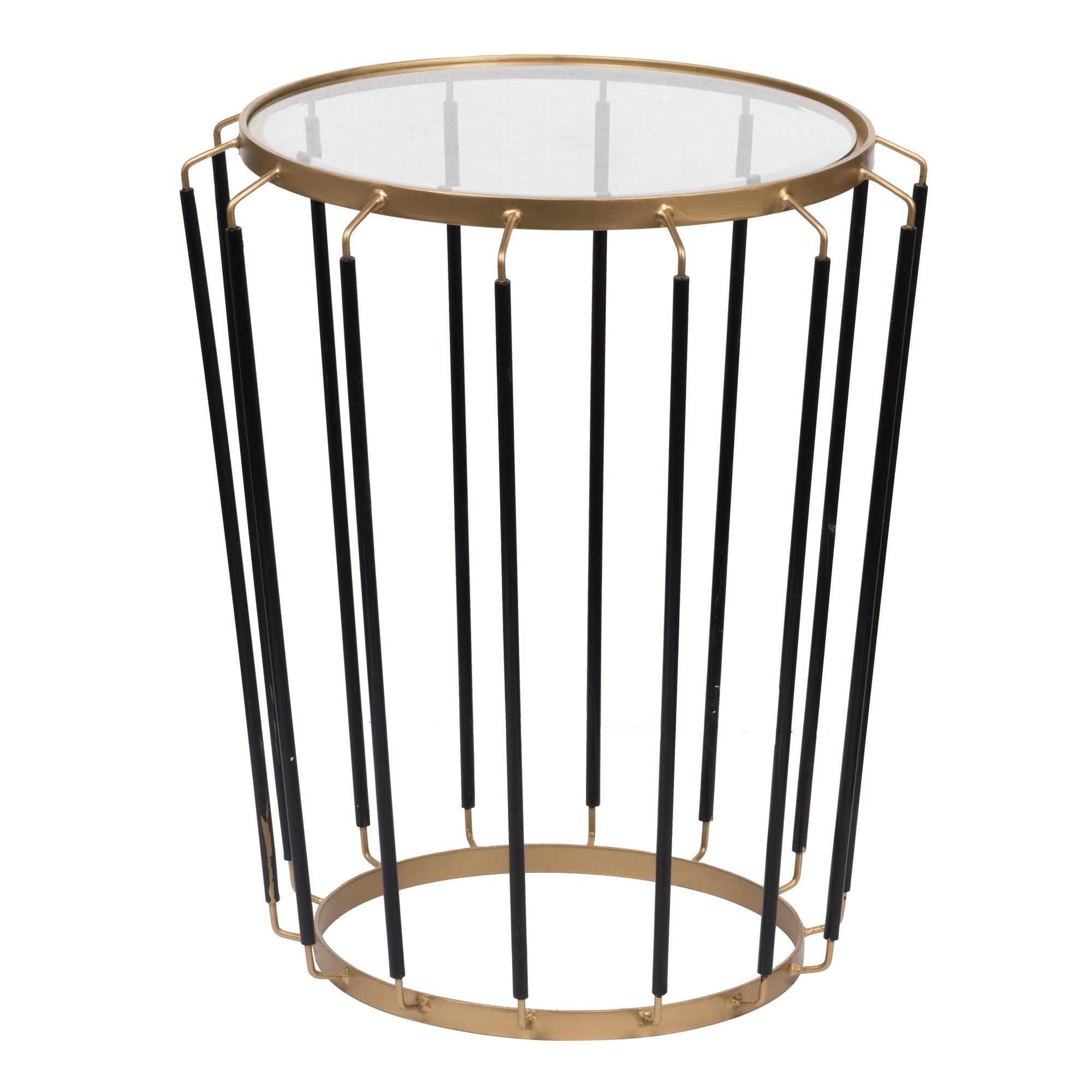 22 Inch Modern Iron Accent End Table， Cage Pattern， Glass Top， Gold， Black - Mycitystee