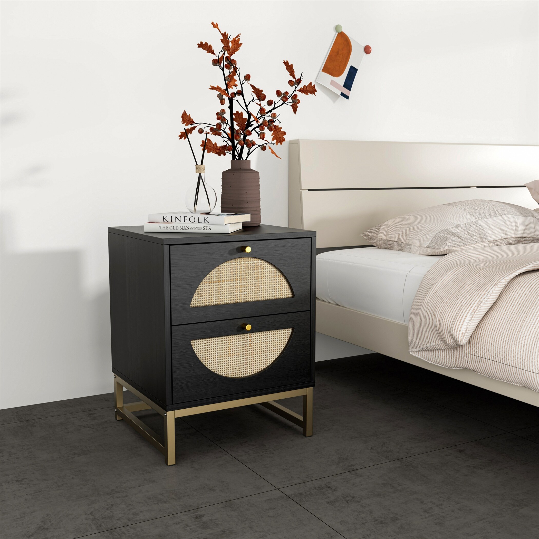 Natural Rattan Leather 2 Drawer Nightstand Bedroom Dresser - - 37033104 - Mycitystee