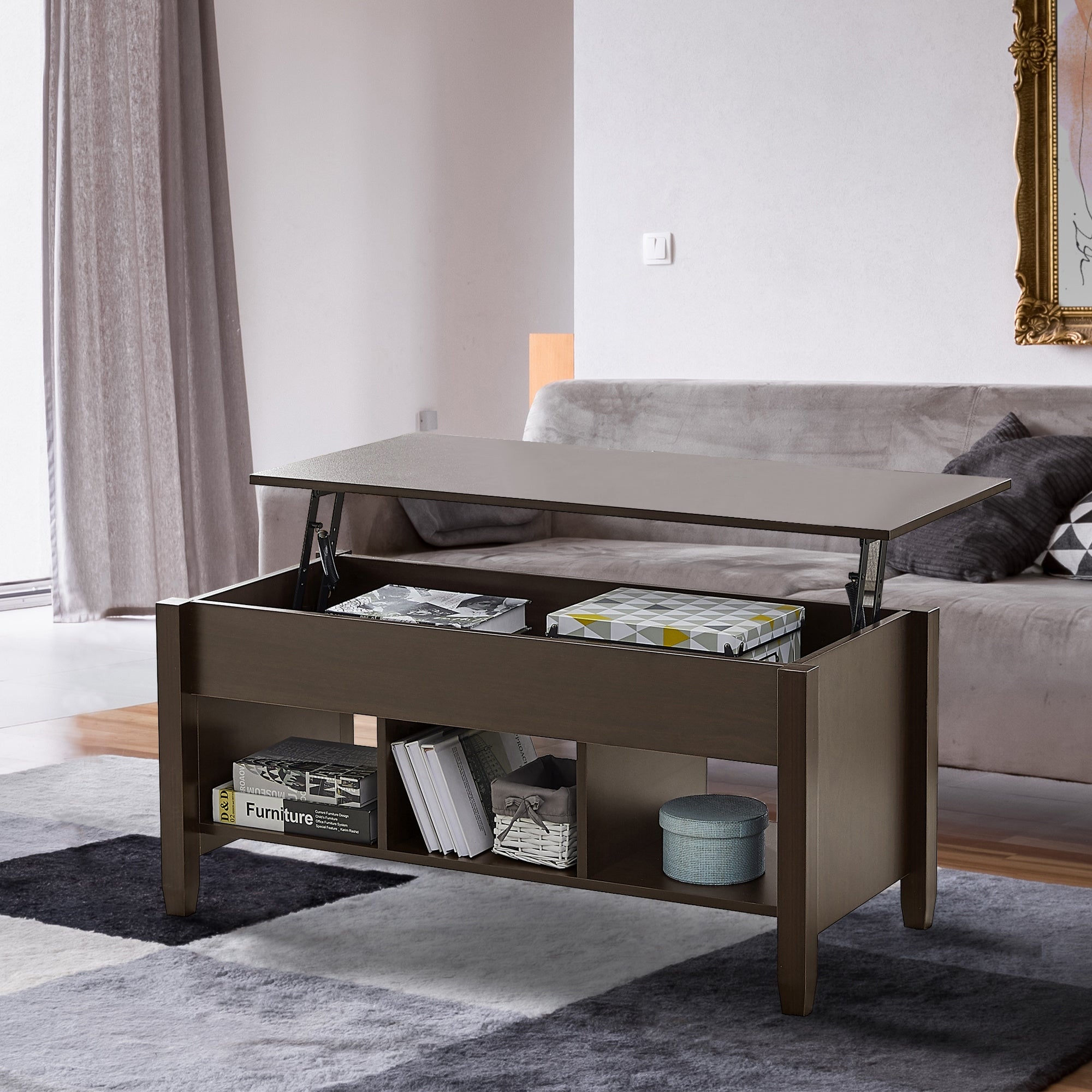 Modern Lift Top Coffee Table with Inner Storage Space and Open Wooden Storage， Center Table with Solid Pine Wood Legs - Mycitystee