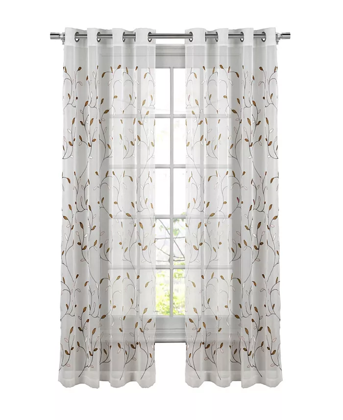 Window Elements Wavy Leaves Embroidered Sheer Curtain Panel， 54