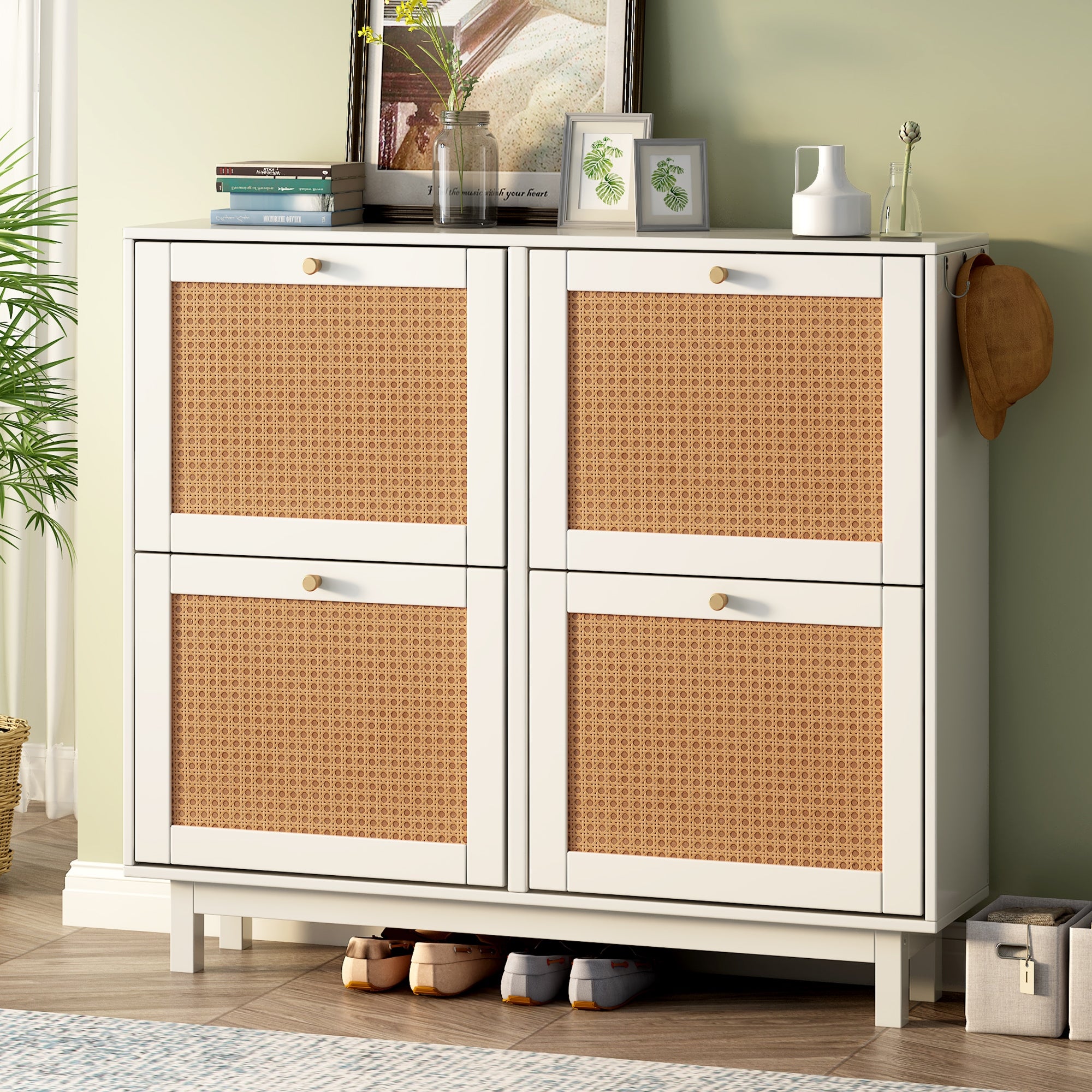Rattan Boho Style Shoe Cabinet with 4 Flip Drawers， 2-Tier Free Standing Shoe Rack with Large Space， for Entrance Hallway - - 37534620 - Mycitystee