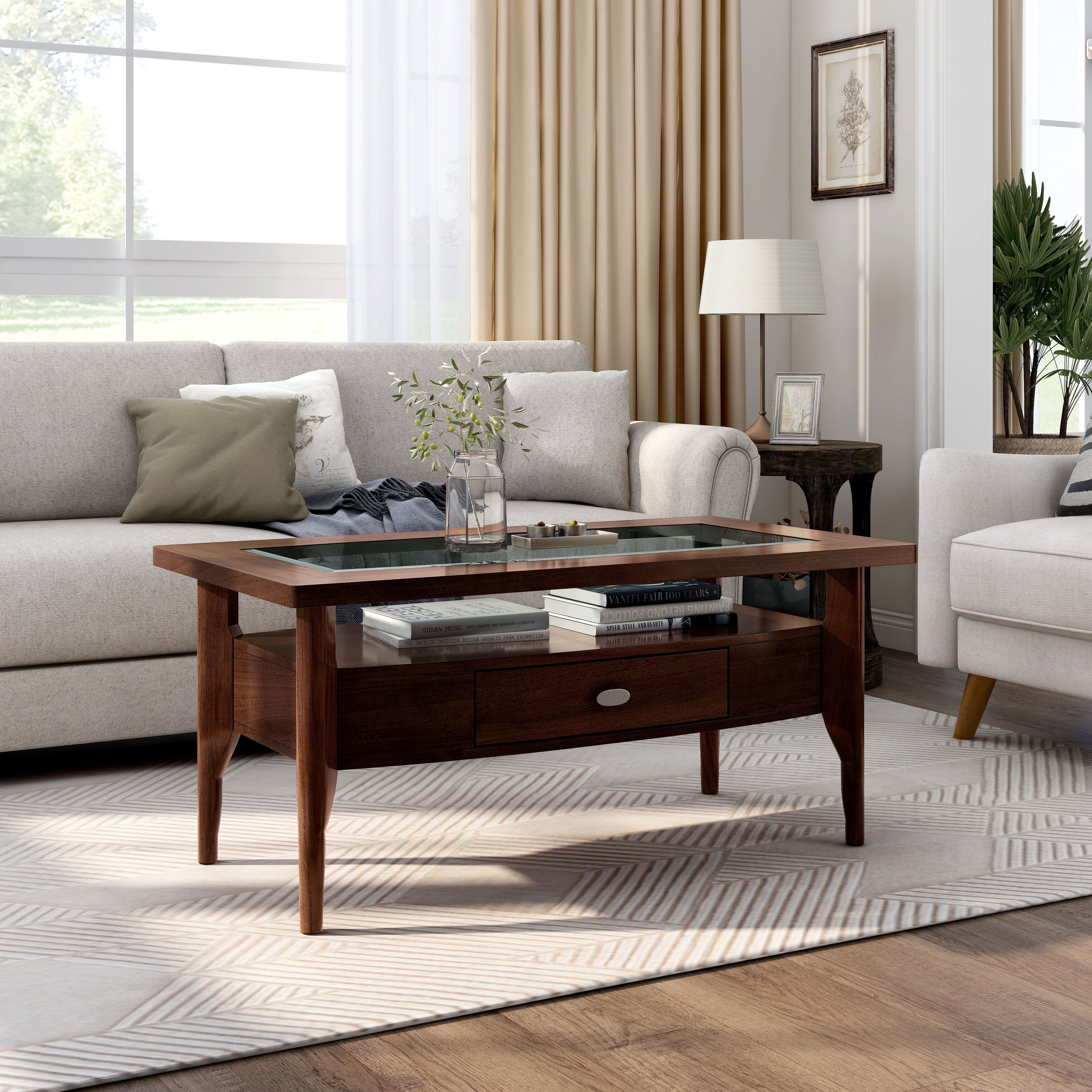Genoas Traditional Walnut and Glass Coffee Table by Furniture of America - Mycitystee