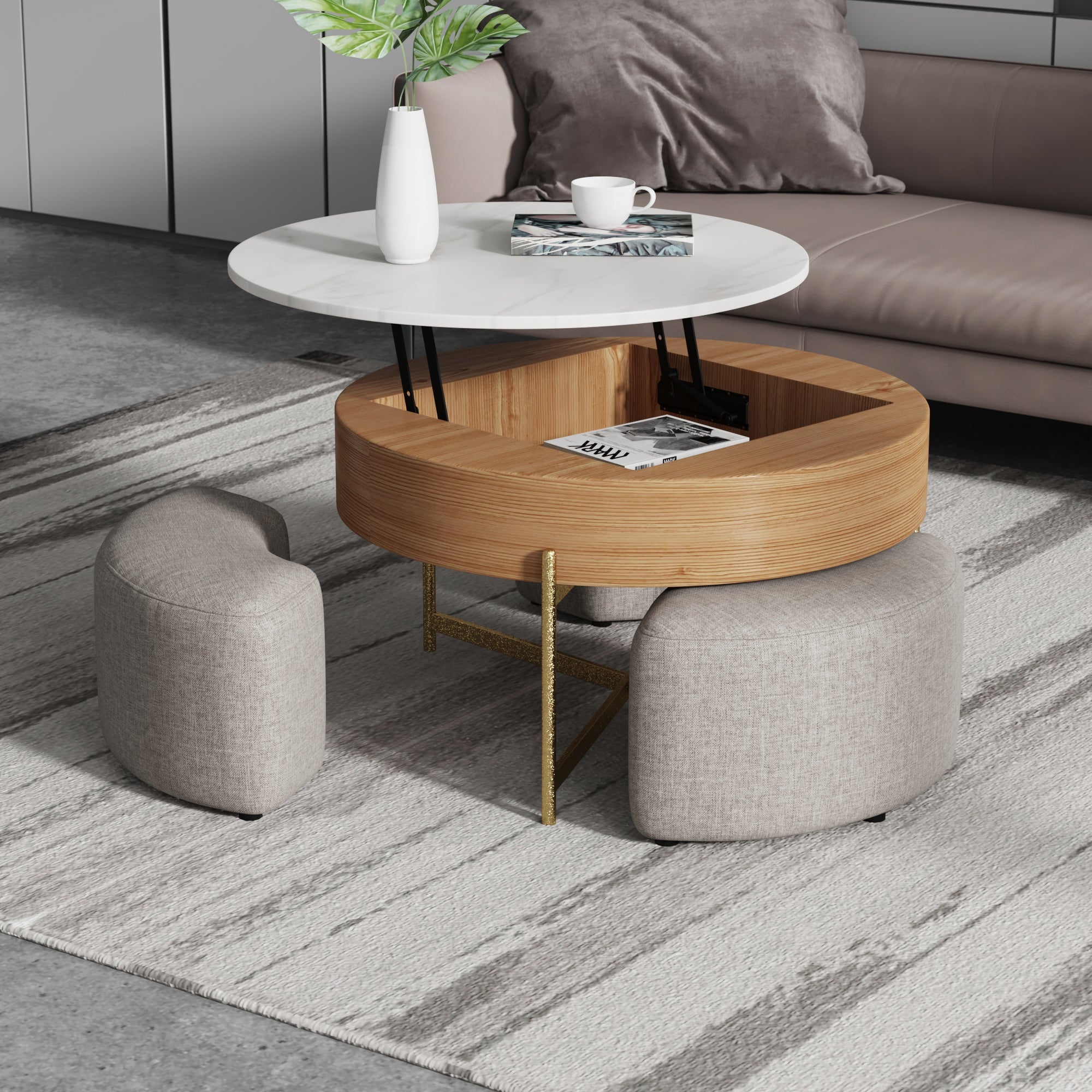 Lifting-top Round Modern Coffee Table with 3 Nesting Stool， Carbon Steel Legs - Mycitystee