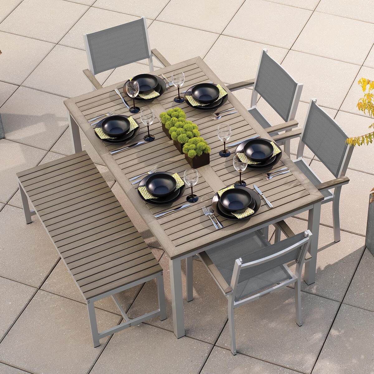 Oxford Garden Travira 6 Piece Flint Aluminum Patio Dining Set W/ Titanium Sling Armchairs， 63-Inch Rectangular Vintage Tekwood Table and Backless Benc - Mycitystee