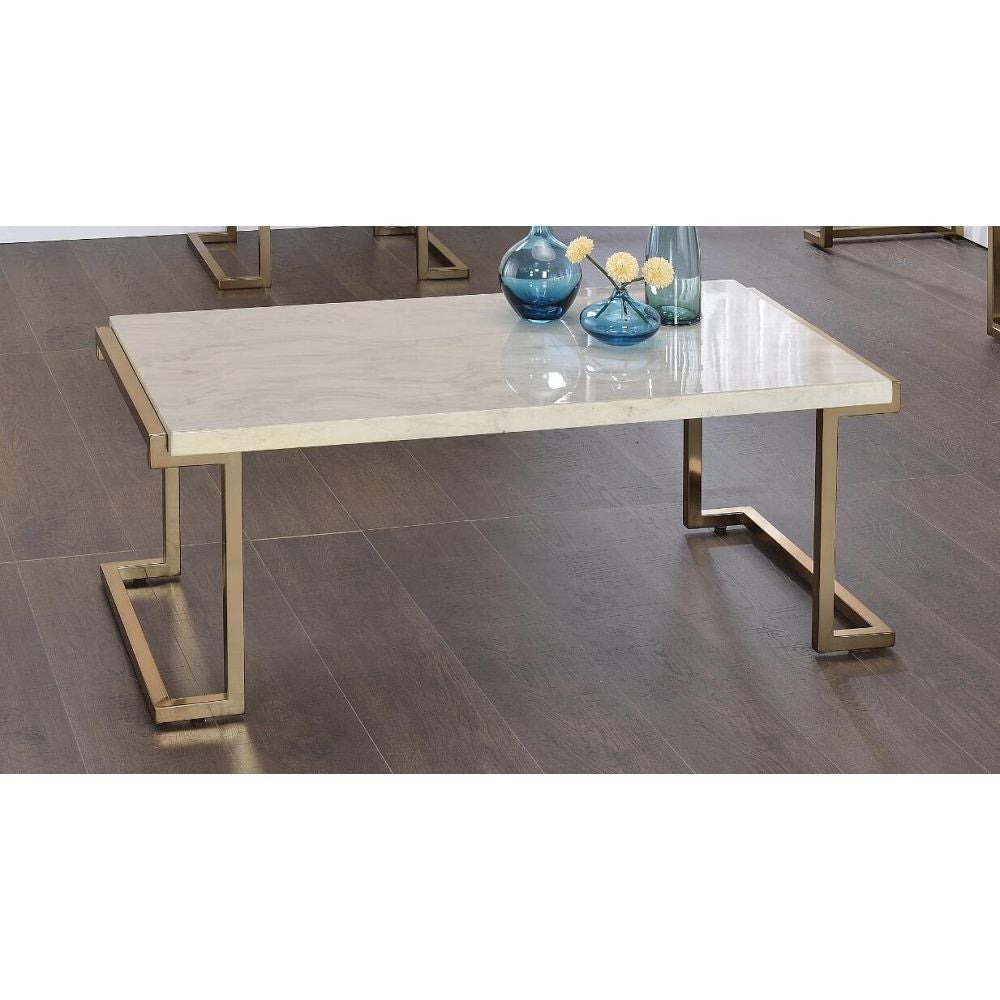 Faux Marble Top and Champagne Coffee Table， Center Table with Modern Lines of The Base for Living Room - Mycitystee