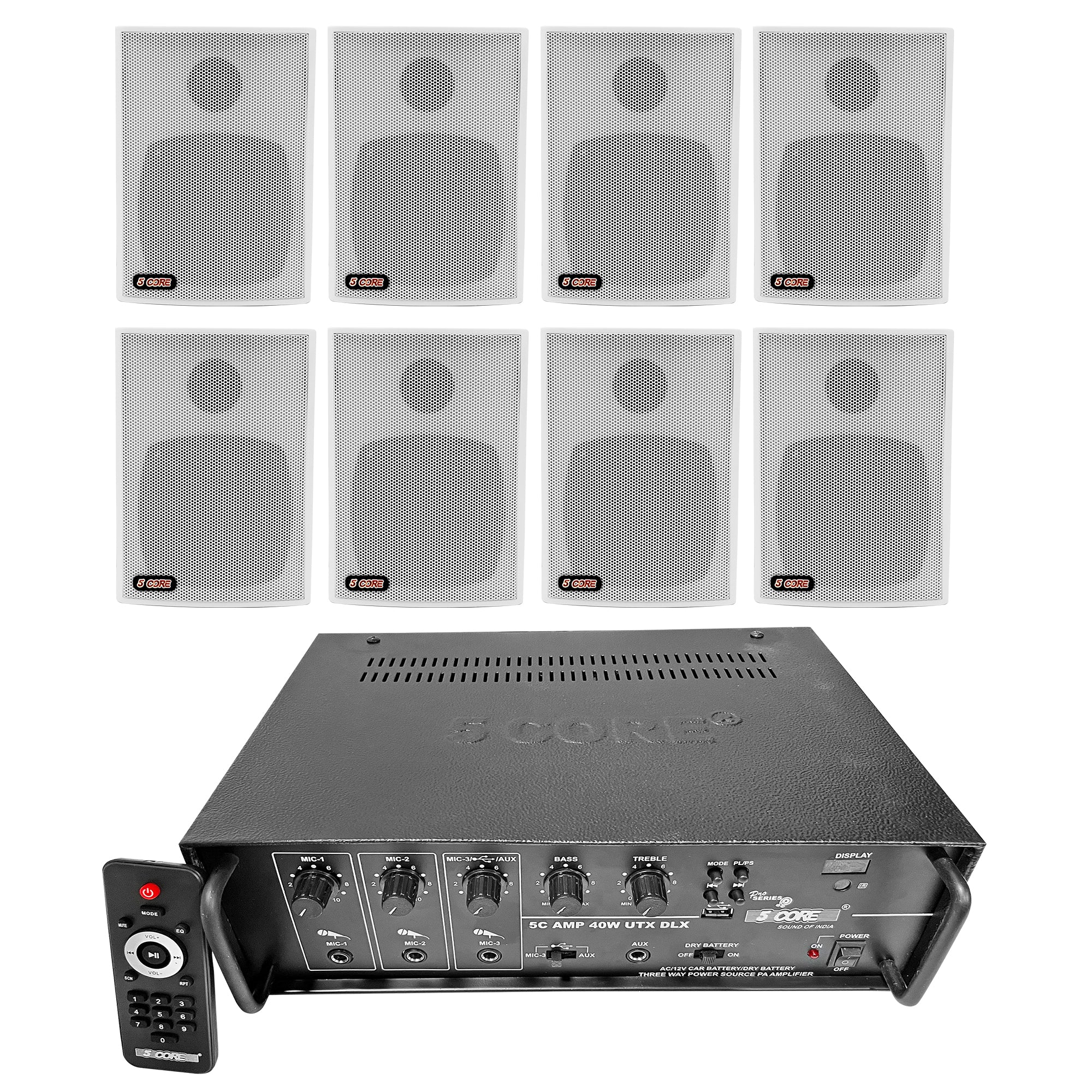 5 Core Wall Speaker and Amplifier Combo| Indoor Outdoor Reliable and Powerful PA System 400W PMPO Amp with 8PCS Wall Speakers for Schools, Warehouses, - Mycitystee