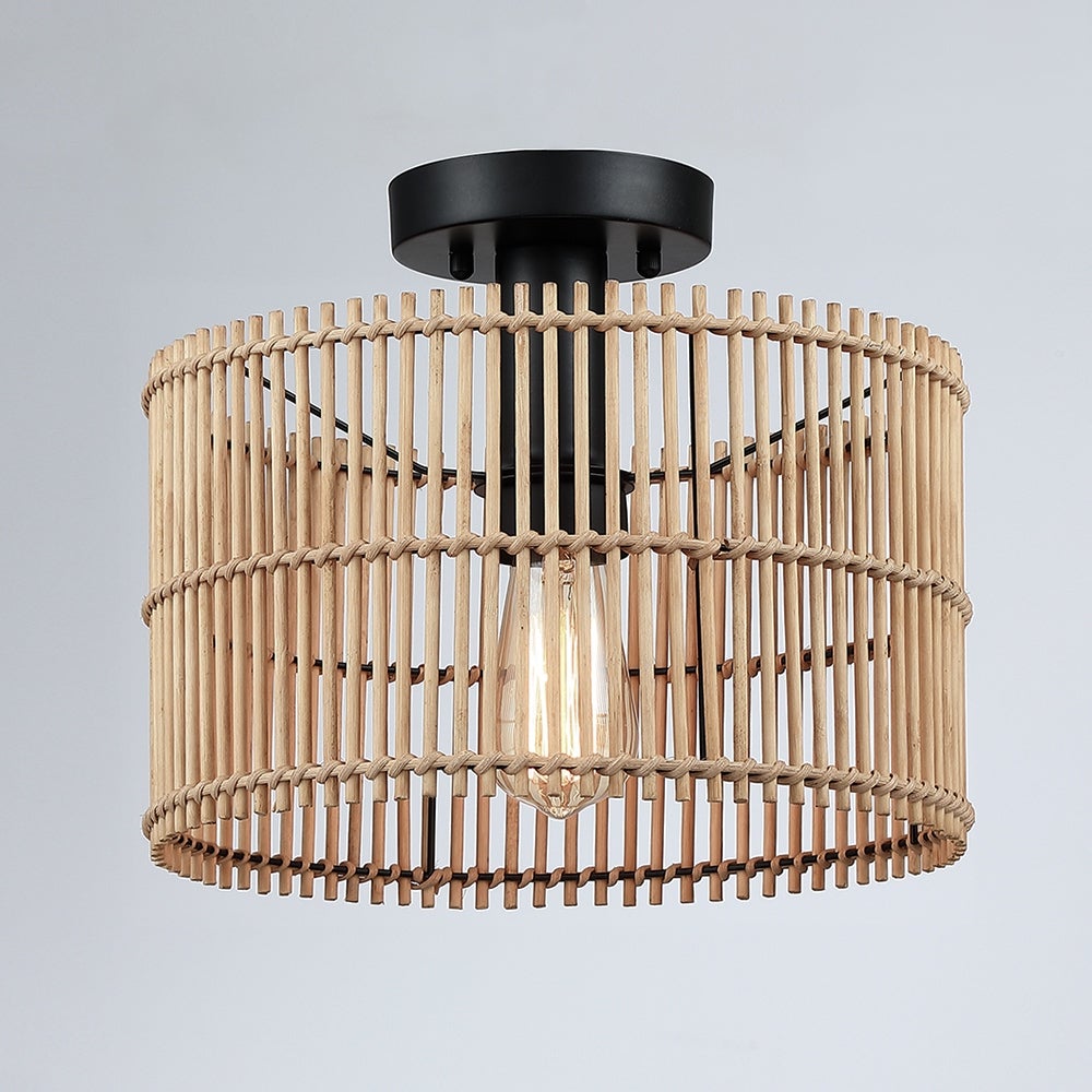 True Fine Eclectic Natural Rattan and Bamboo Semi Flush Mount Ceiling Light with Black Hardware - 11.8