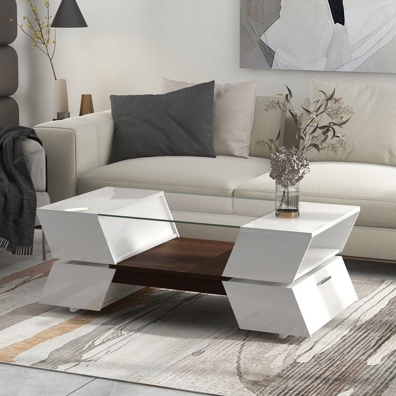 Glass 2-Tier Cocktail Table， Coffee Table with Cabinets - Mycitystee