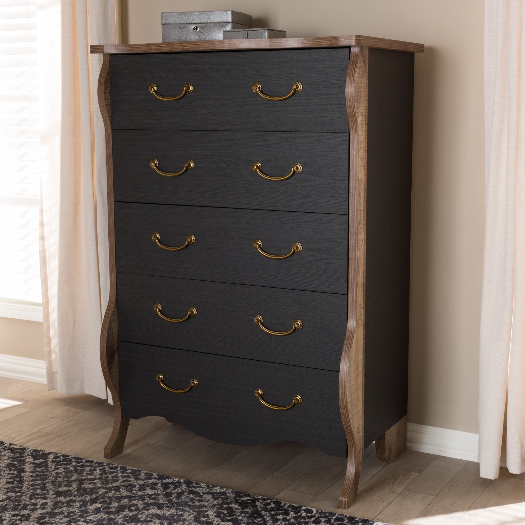 The Curated Nomad Taliesin Country Cottage Black and Oak 5-drawer Chest - - 23599301 - Mycitystee