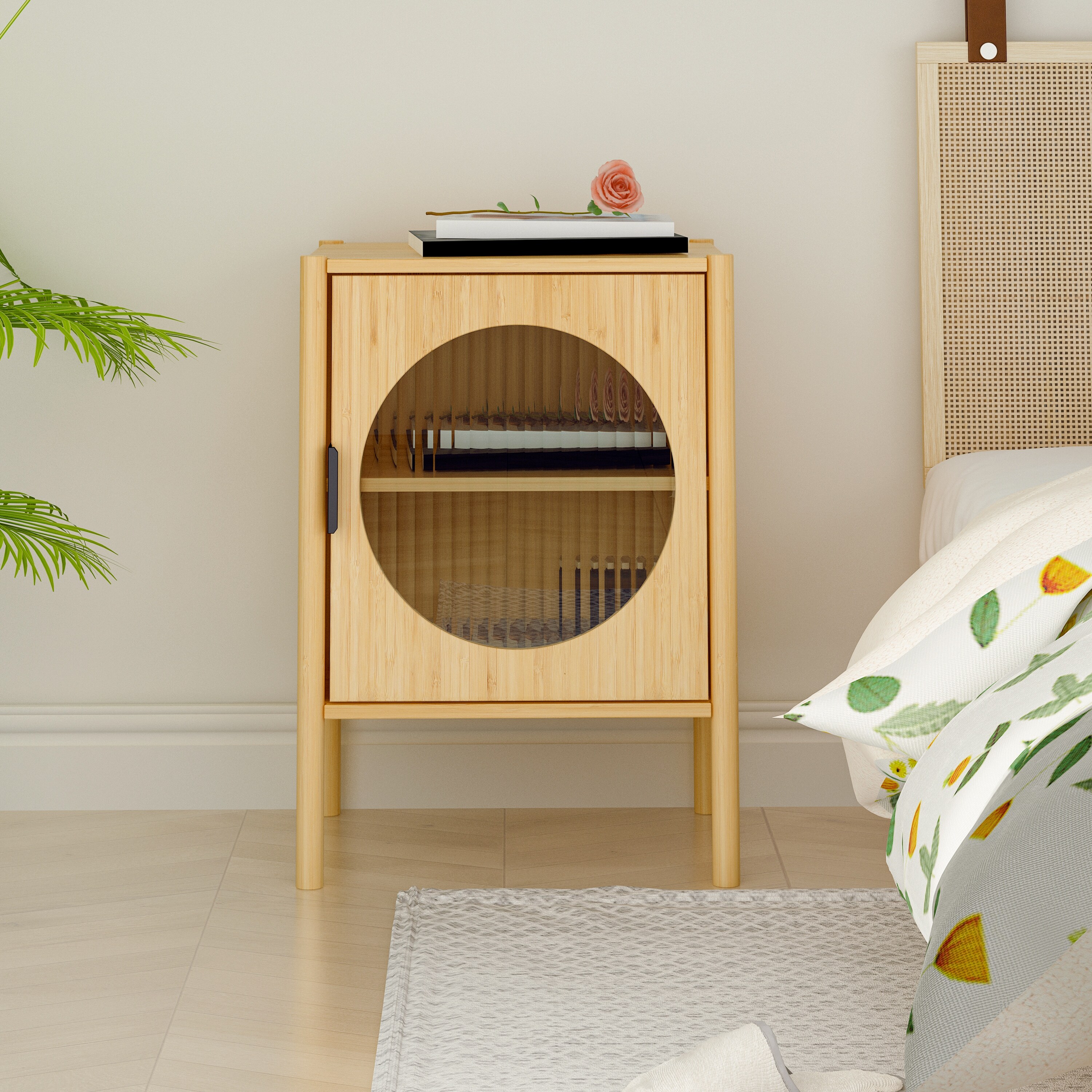 1 Door nightstand， Bamboo Mid Century Modern Nightstand， Bedside Table Accent End Table Side Table - Mycitystee