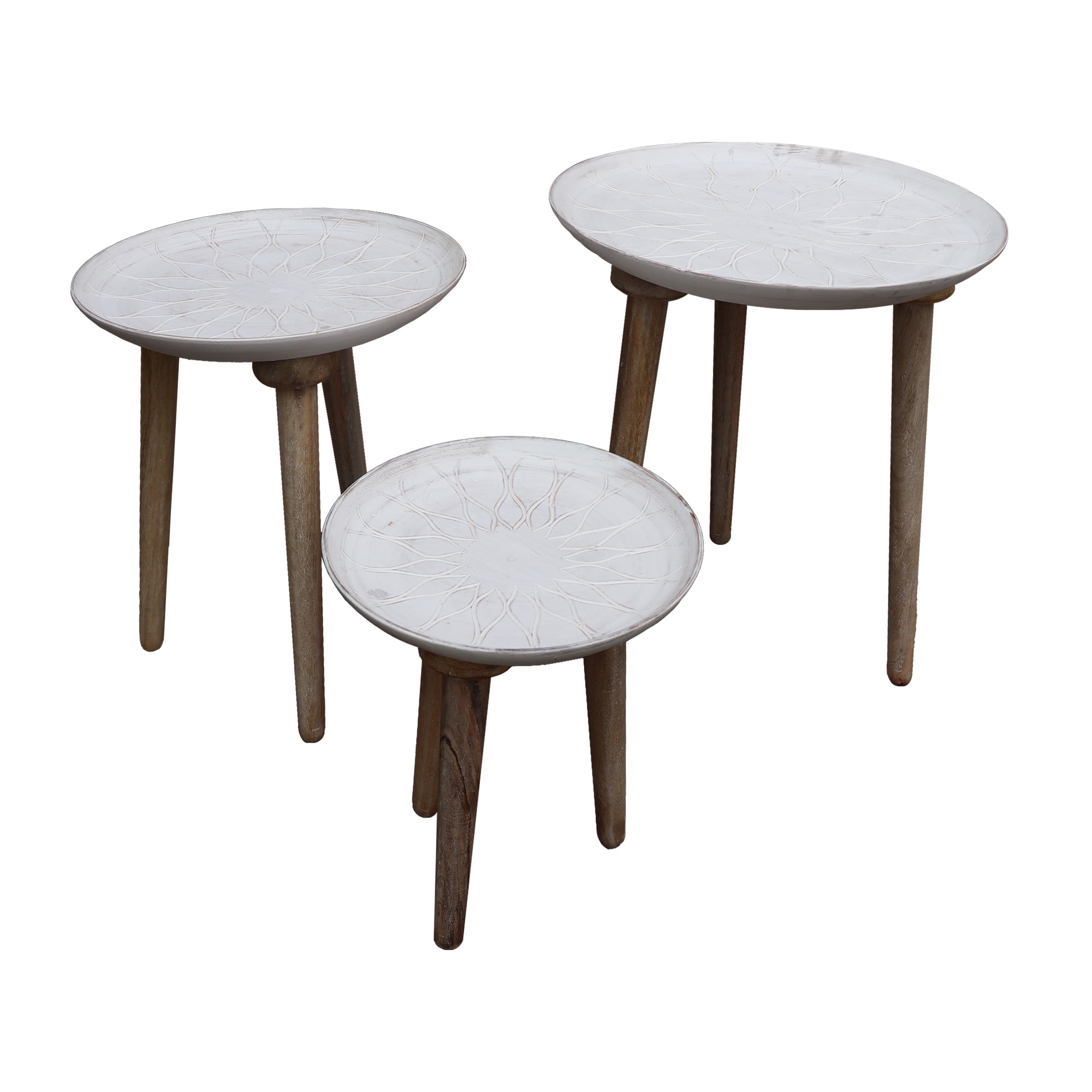 Mango Wood Bowl Top Side End Coffee Table with Angled Tripod Base for iving Room， Home， Office， Set of 3， White and Brown - Mycitystee