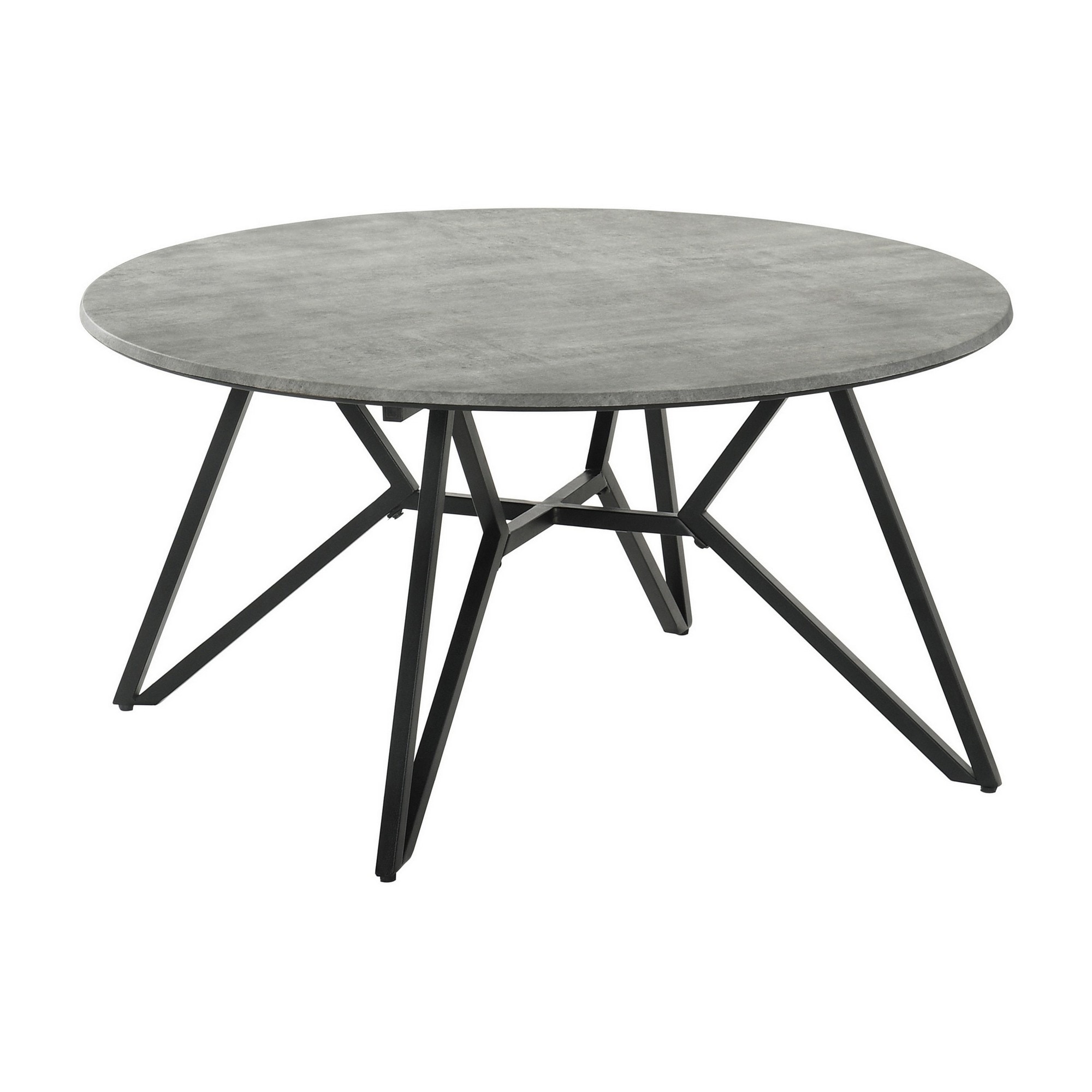 Dexi 36 Inch Coffee Table， Round Top， Geometric Metal Base， Cement Gray - Mycitystee