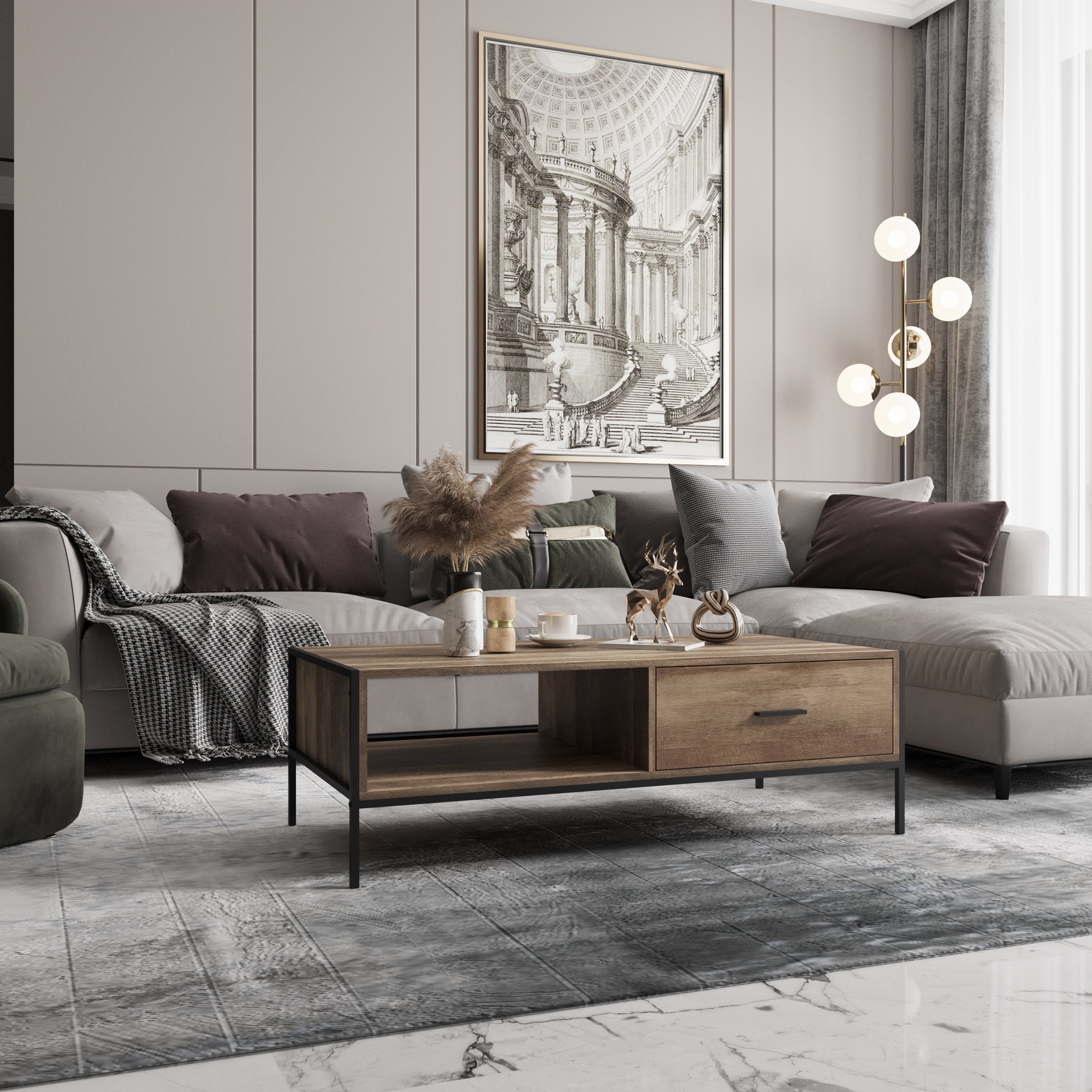 Modern Coffee Table With Drawers And Storage Shelves，Modern Furniture Decor，for Living Room Reception，Easy Assembly - Mycitystee