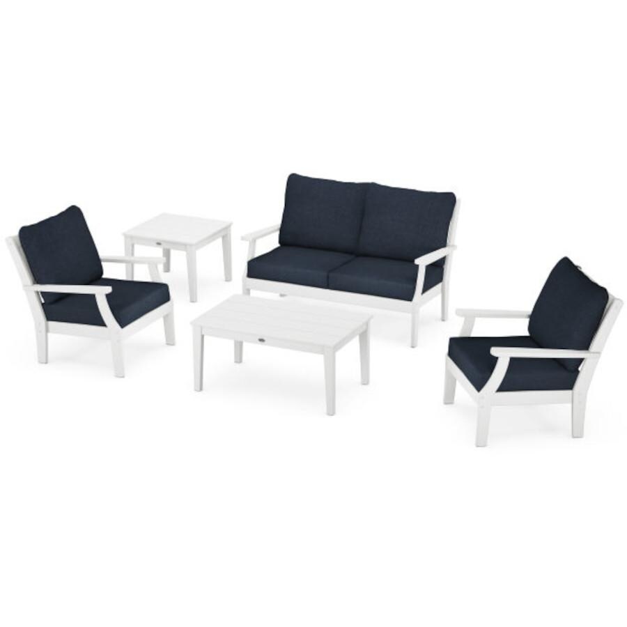POLYWOOD Braxton 5-Piece Deep Seating Set in White / Marine Indigo - Mycitystee